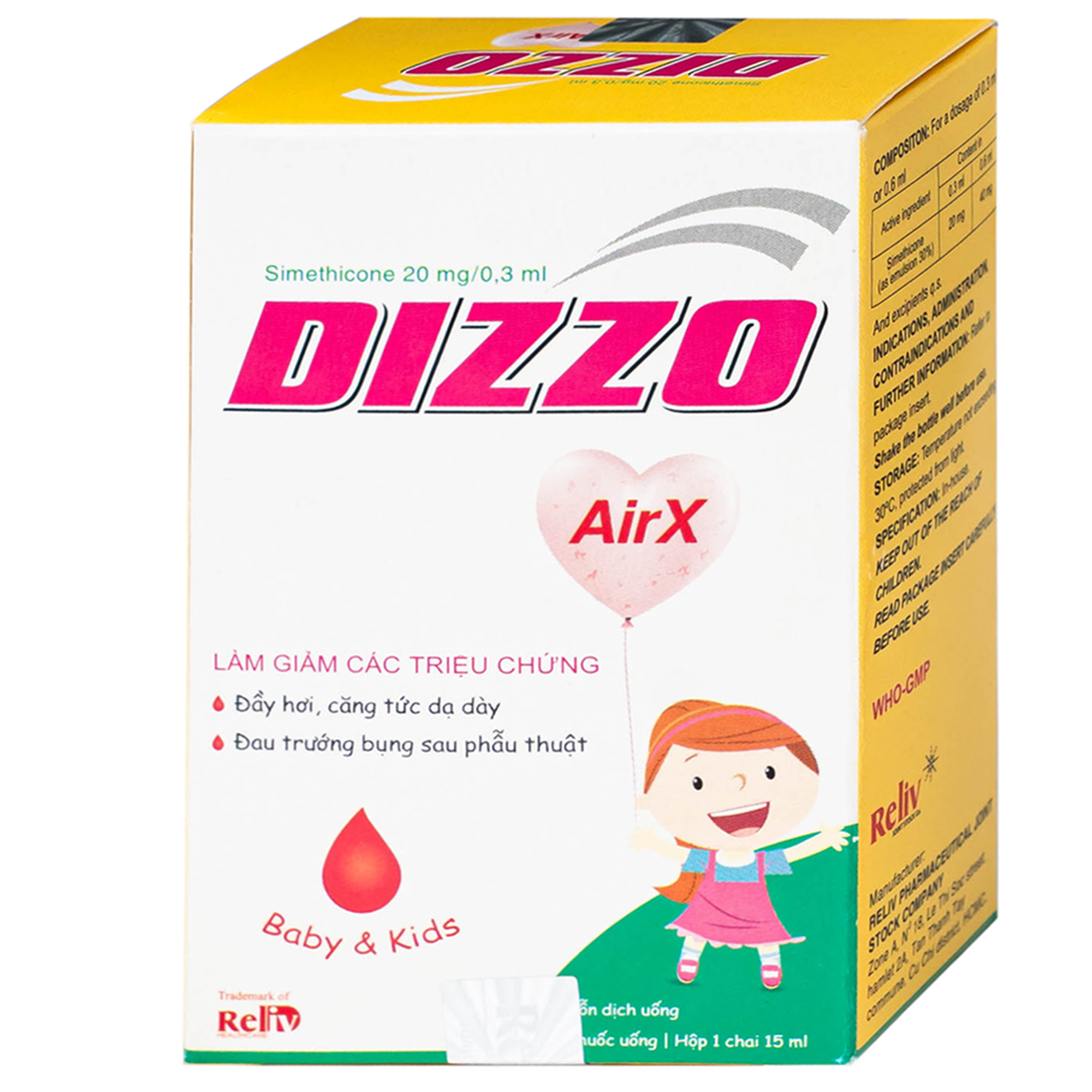 Hình ảnh Hỗn dịch uống Dizzo AirX 20mg Reliv giảm đầy hơi, căng tức dạ dày; đau trướng bụng sau phẫu thuật (Hộp 15ml)