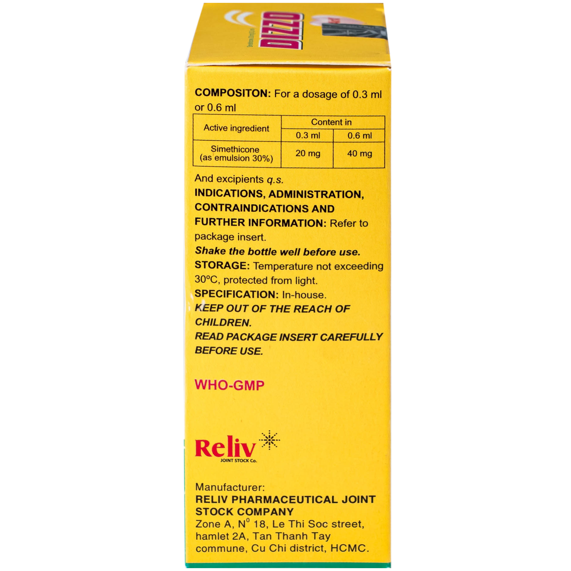 Hình ảnh Hỗn dịch uống Dizzo AirX 20mg Reliv giảm đầy hơi, căng tức dạ dày; đau trướng bụng sau phẫu thuật (Hộp 15ml)