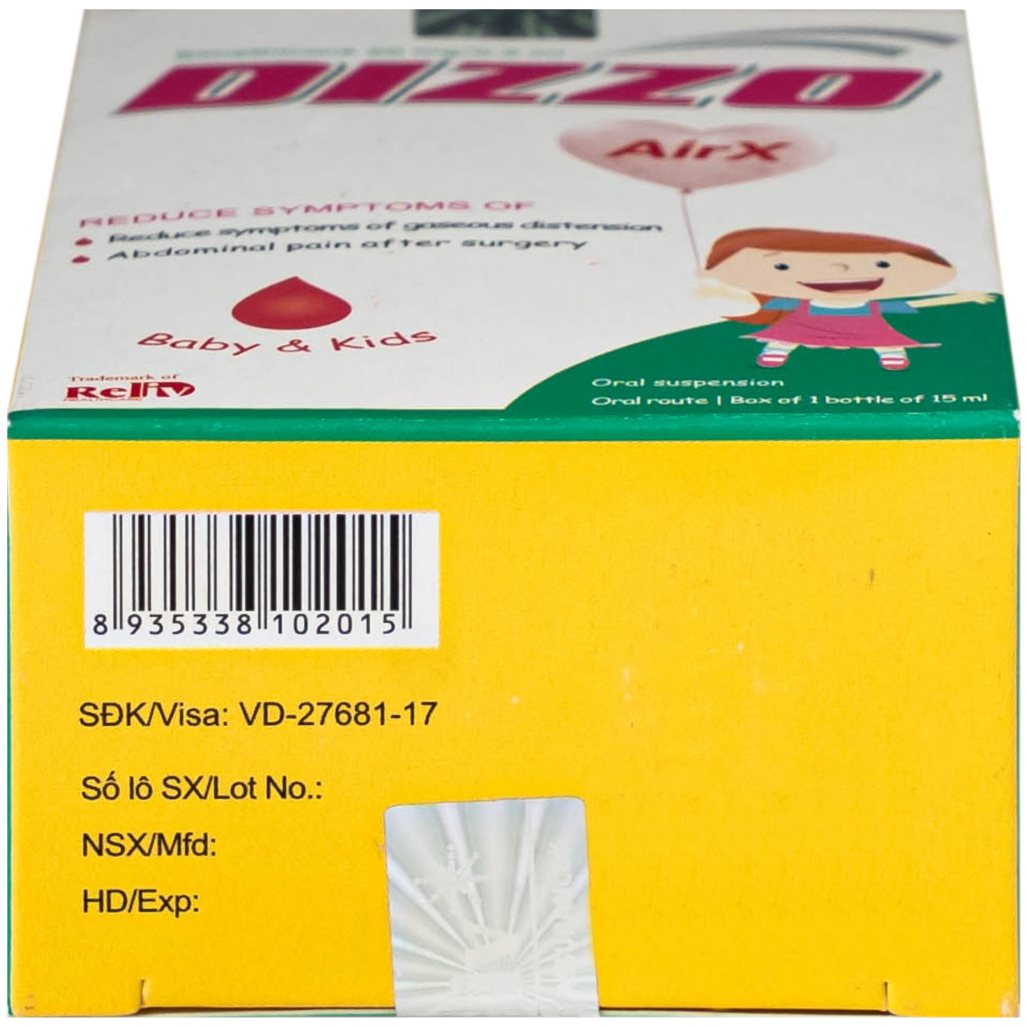 Hình ảnh Hỗn dịch uống Dizzo AirX 20mg Reliv giảm đầy hơi, căng tức dạ dày; đau trướng bụng sau phẫu thuật (Hộp 15ml)