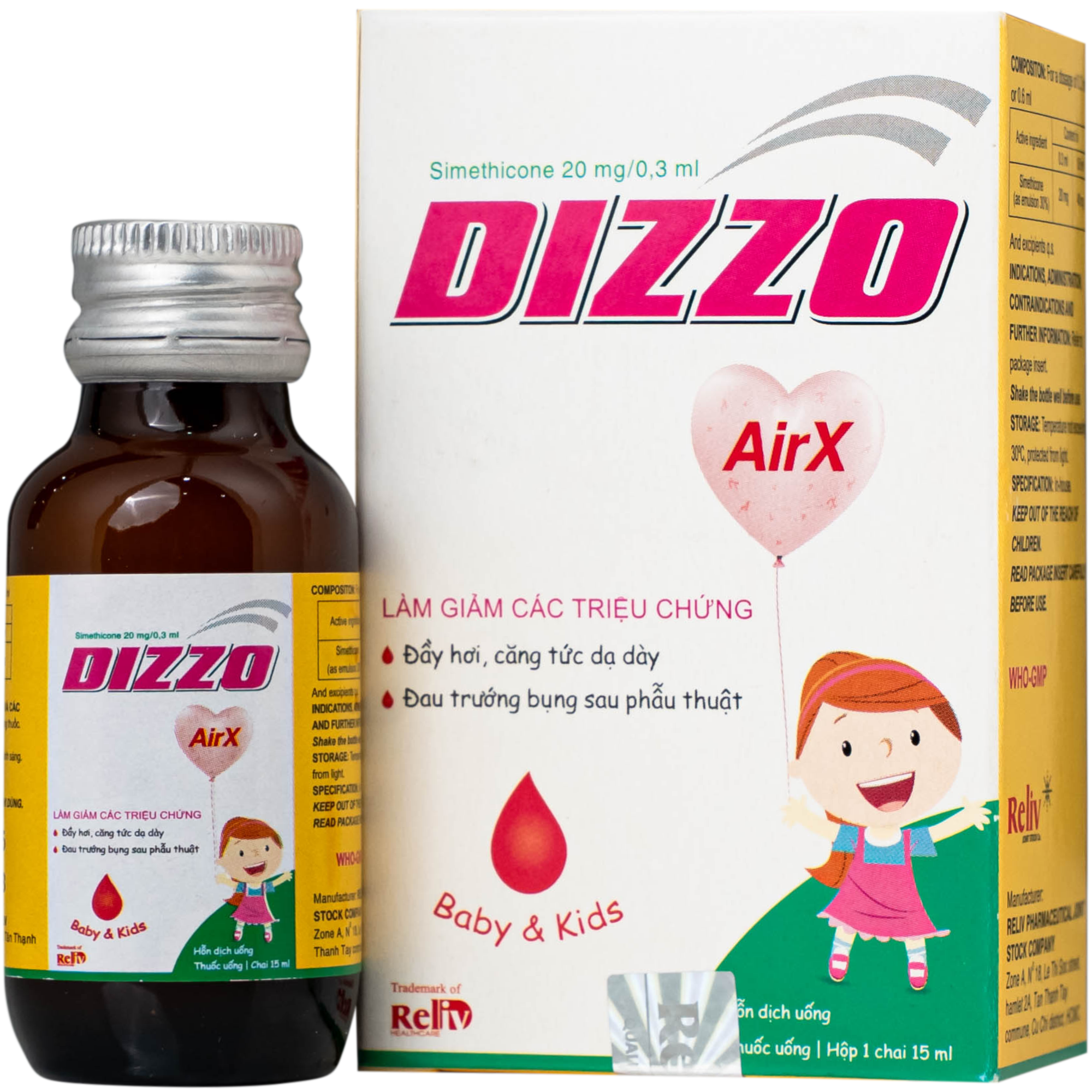 Hình ảnh Hỗn dịch uống Dizzo AirX 20mg Reliv giảm đầy hơi, căng tức dạ dày; đau trướng bụng sau phẫu thuật (Hộp 15ml)