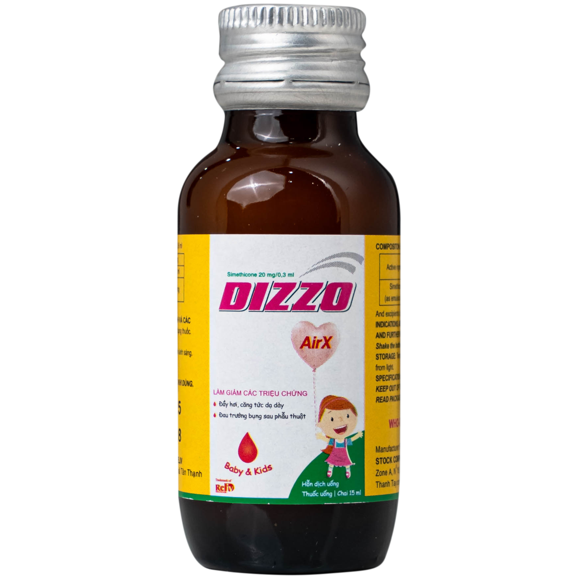 Hình ảnh Hỗn dịch uống Dizzo AirX 20mg Reliv giảm đầy hơi, căng tức dạ dày; đau trướng bụng sau phẫu thuật (Hộp 15ml)