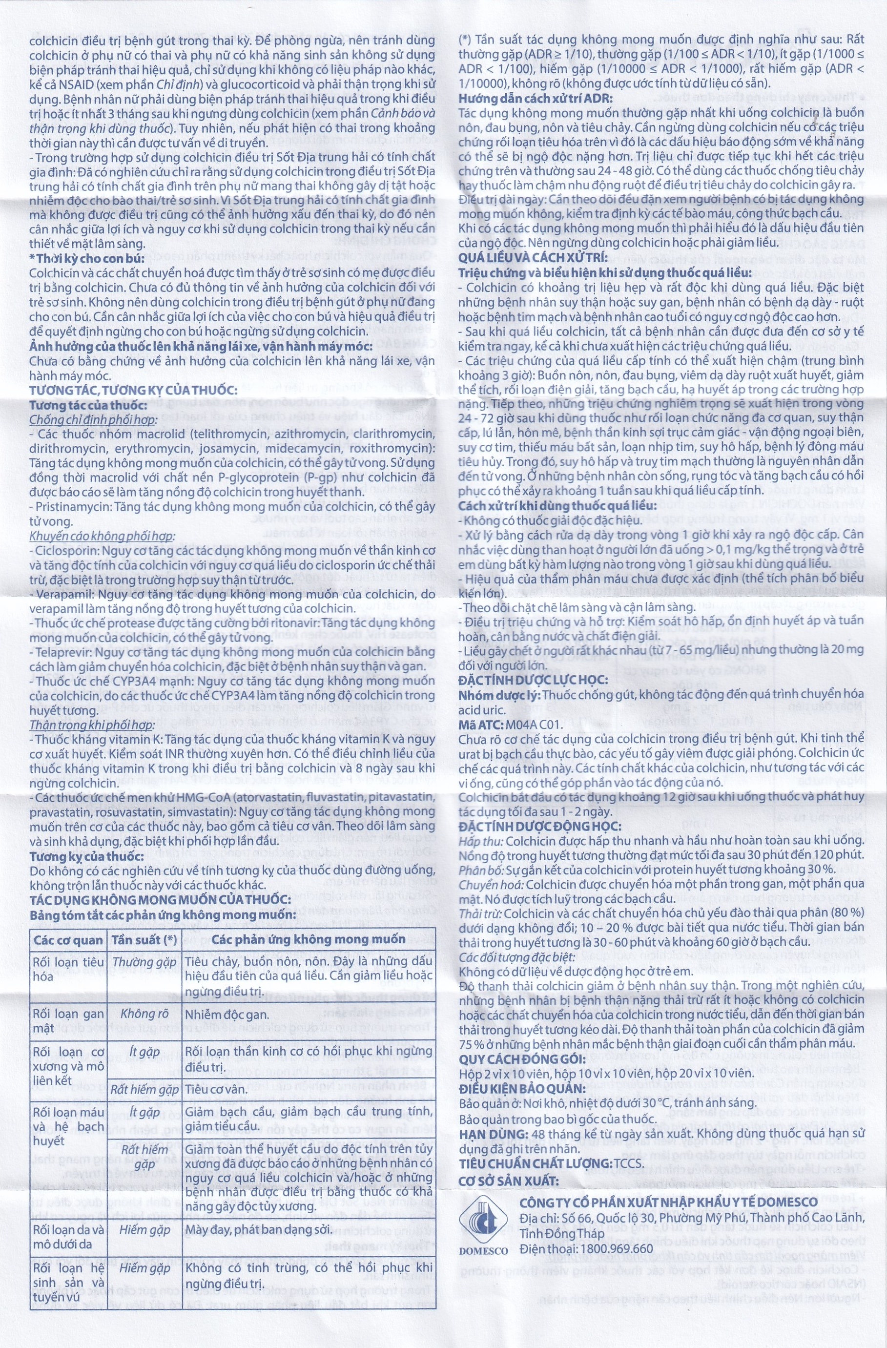 Hình ảnh Thuốc Dochicin 1mg Domesco điều trị bệnh gút cấp tính (20 viên)