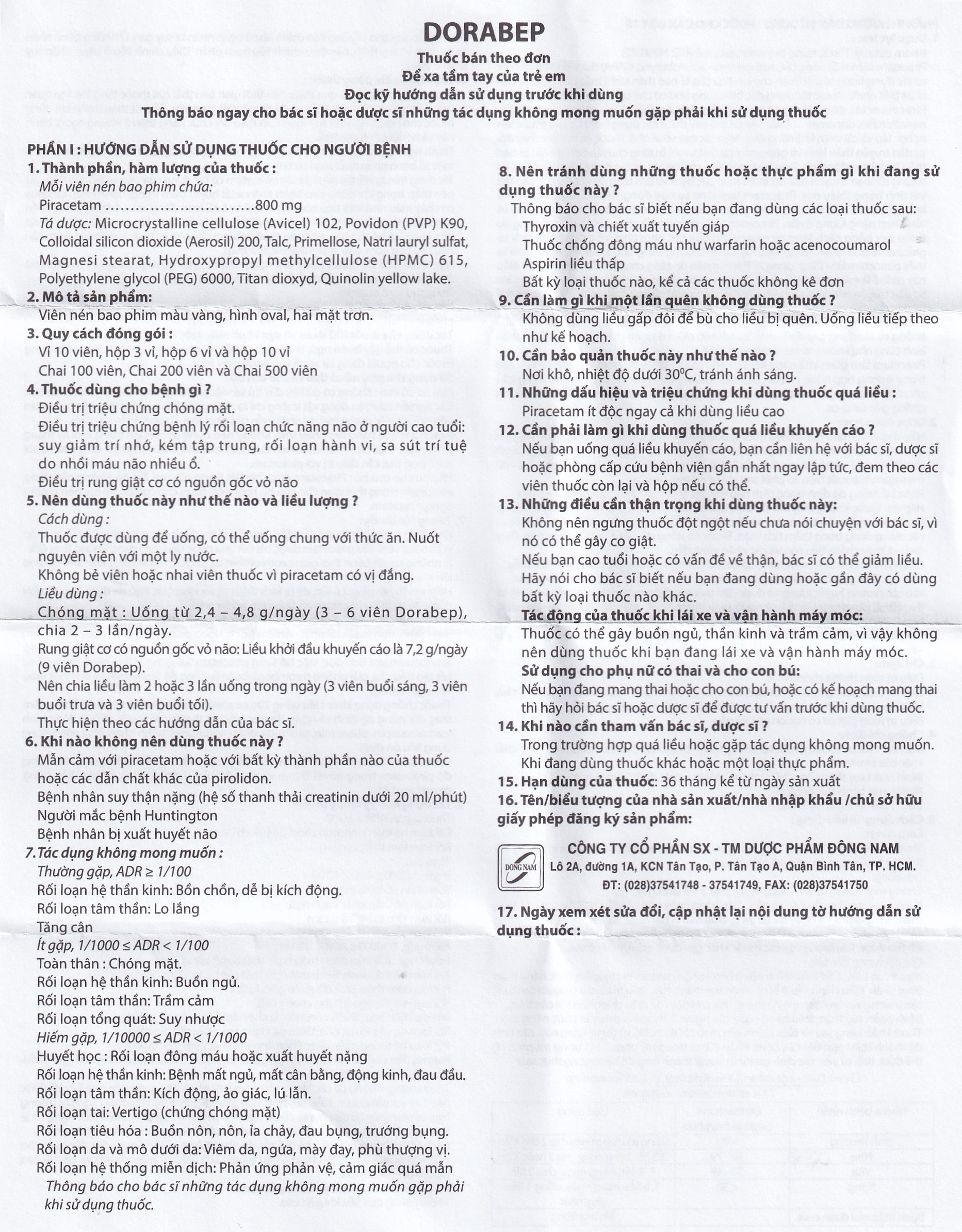 Hình ảnh Thuốc Dorabep 800mg Đông Nam điều trị triệu chứng chóng mặt (10 vỉ x 10 viên)