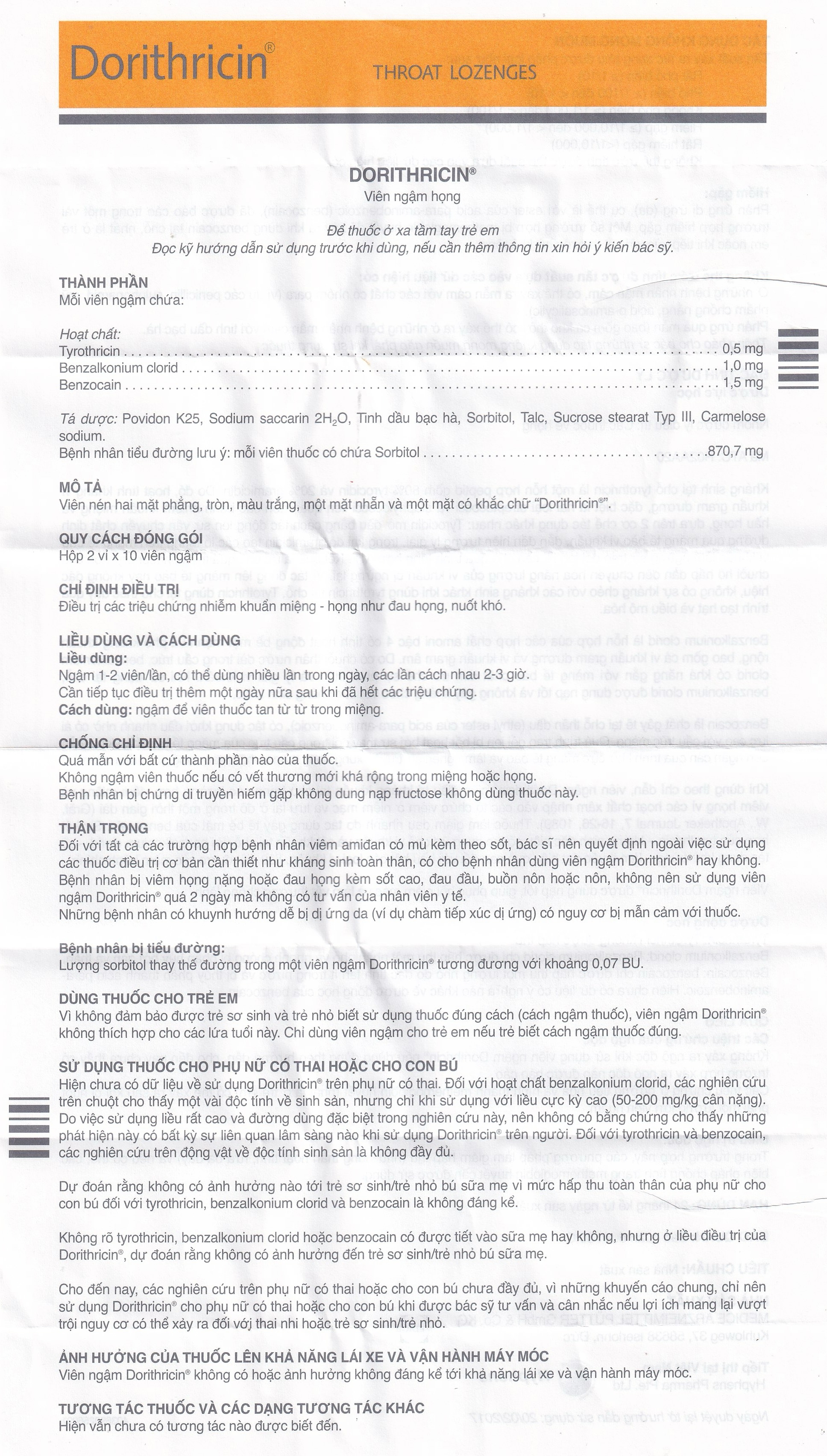 Hình ảnh Viên ngậm Dorithricin Hyphens điều trị các triệu chứng nhiễm khuẩn miệng, họng (20 viên)
