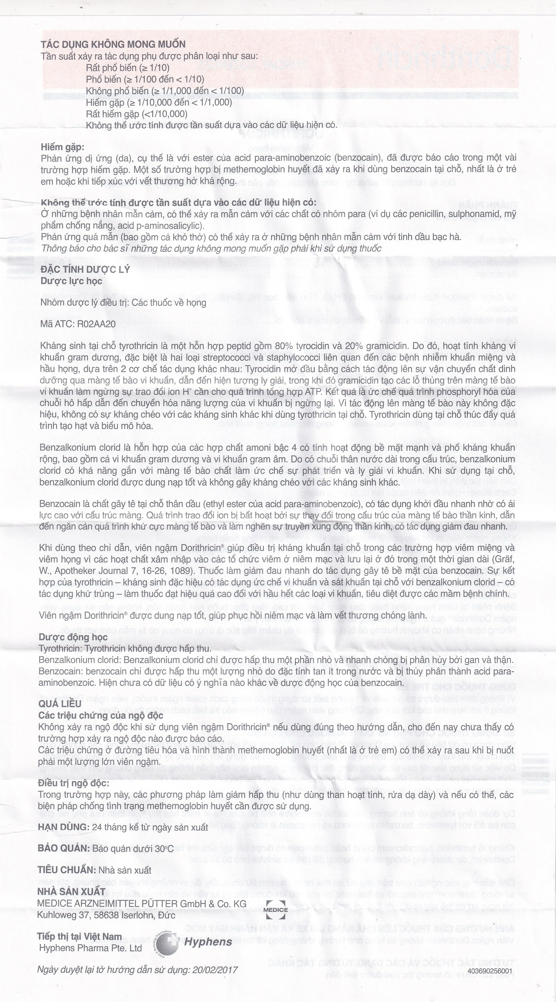 Hình ảnh Viên ngậm Dorithricin Hyphens điều trị các triệu chứng nhiễm khuẩn miệng, họng (20 viên)