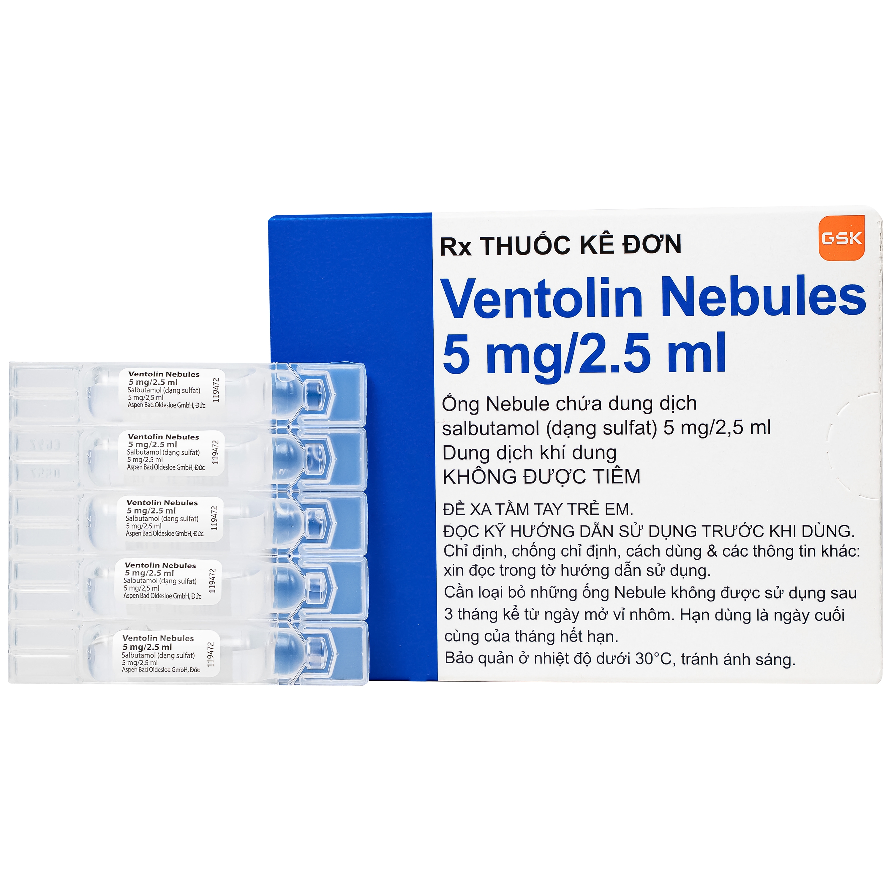 Hình ảnh Dung dịch khí dung Ventolin Nebules 5mg GSK điều trị hoặc ngăn ngừa co thắt phế quản (4 vỉ x 5 ống)