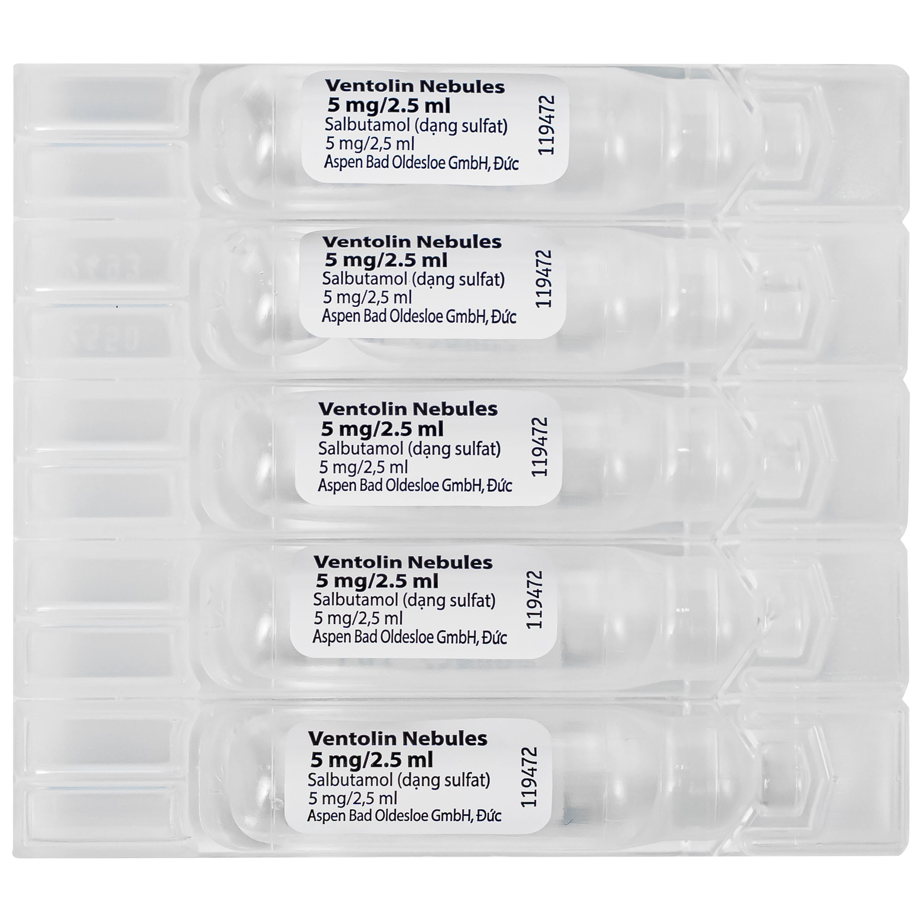 Hình ảnh Dung dịch khí dung Ventolin Nebules 5mg GSK điều trị hoặc ngăn ngừa co thắt phế quản (4 vỉ x 5 ống)