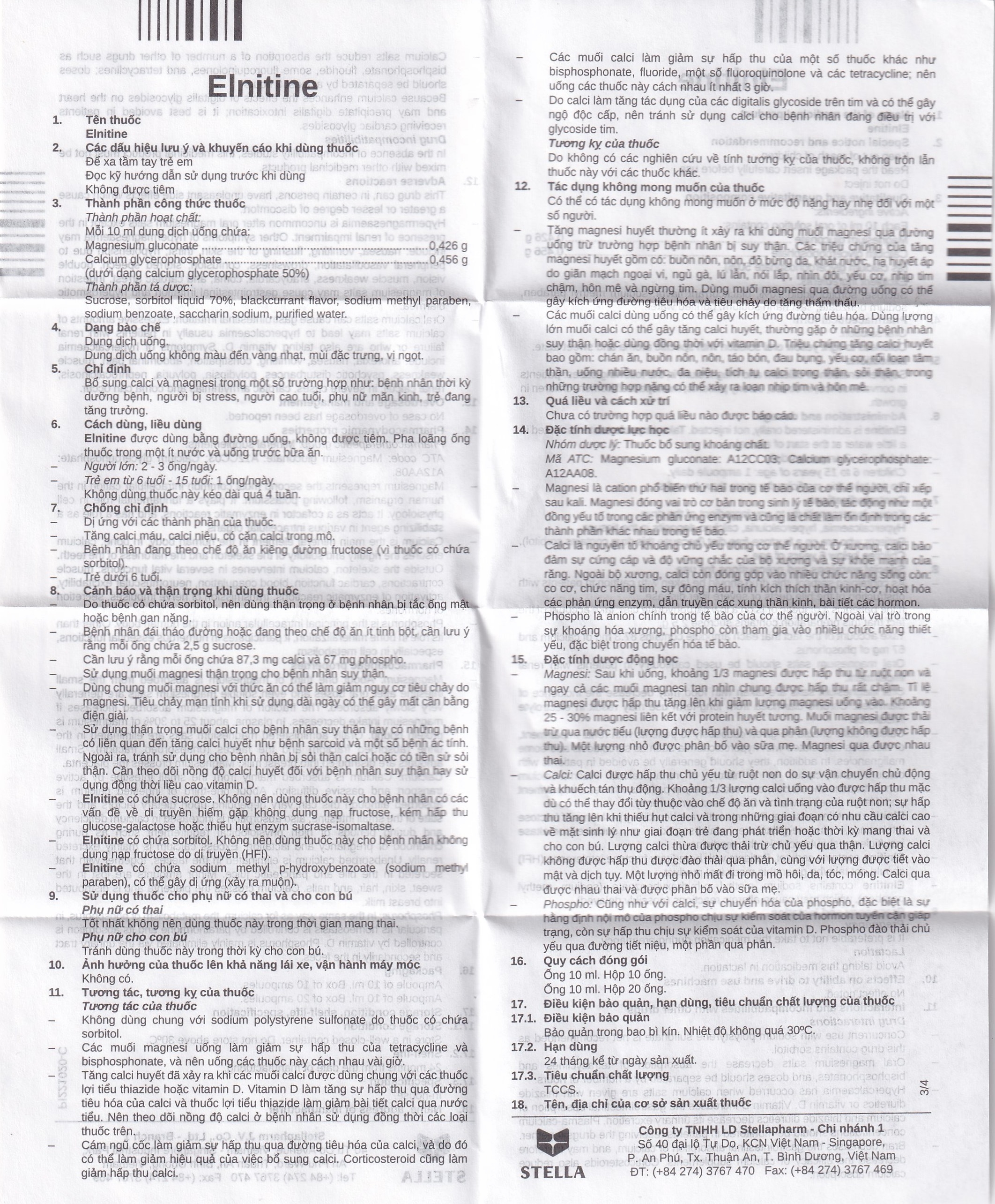Hình ảnh Dung dịch uống Elnitine 10ml Stella bổ sung calcium và magnesium cho người bệnh (20 ống)