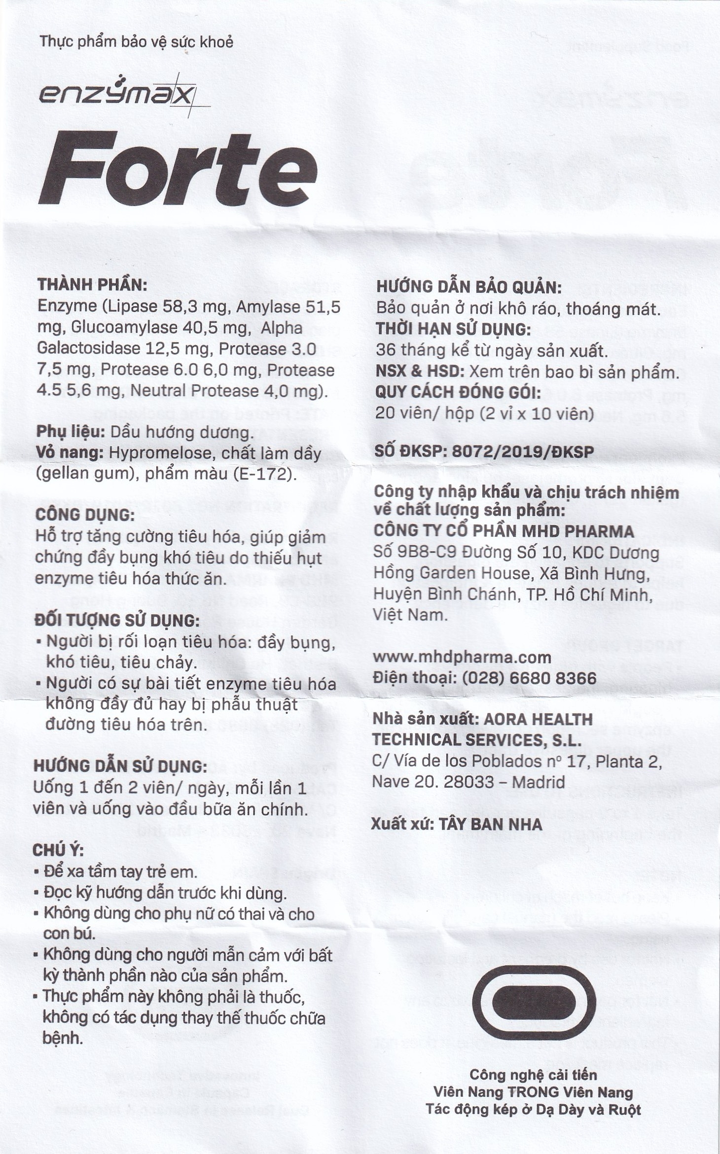 Hình ảnh Viên nang Enzymax Forte MHD hỗ trợ tăng cường tiêu hóa, giảm chứng đầy bụng khó tiêu (2 vỉ x 10 viên)