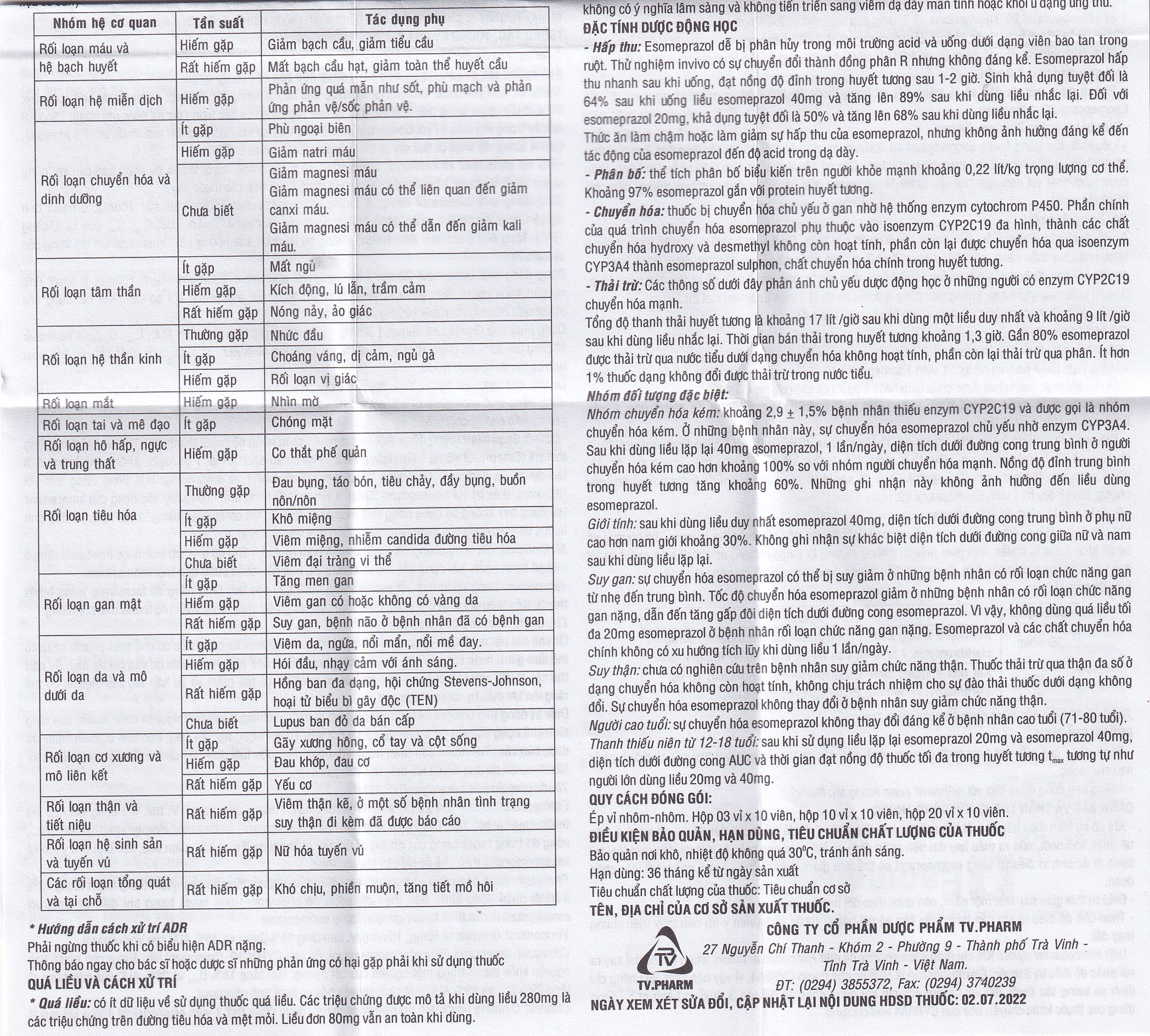 Hình ảnh Thuốc Esomeprazol 40 Tv.Pharm điều trị loét dạ dày, trào ngược dạ dày, thực quản (3 vỉ x 10 viên)