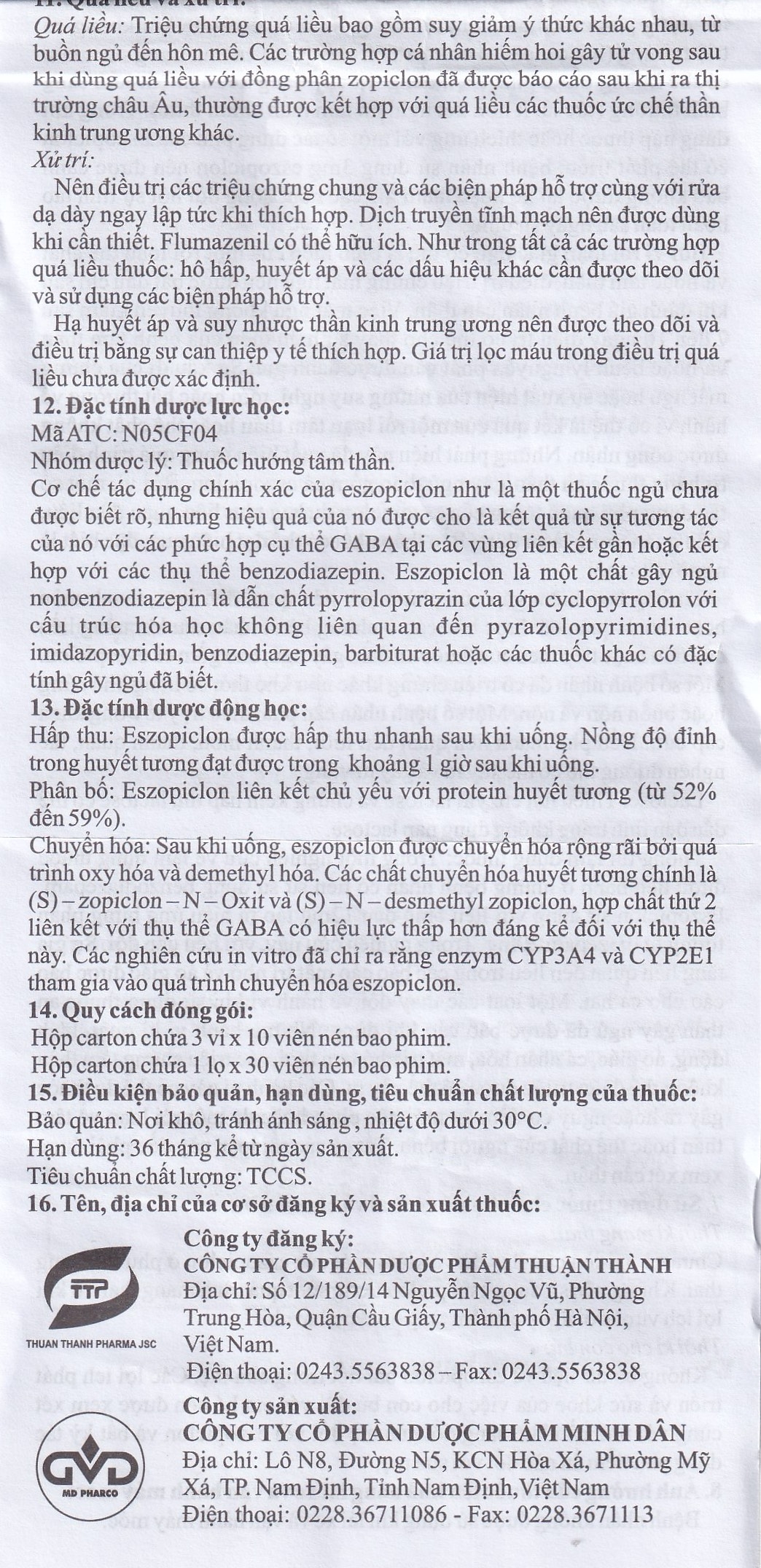 Hình ảnh Thuốc Eszopiclone 2mg Minh Dân điều trị chứng mất ngủ (3 vỉ x 10 viên)
