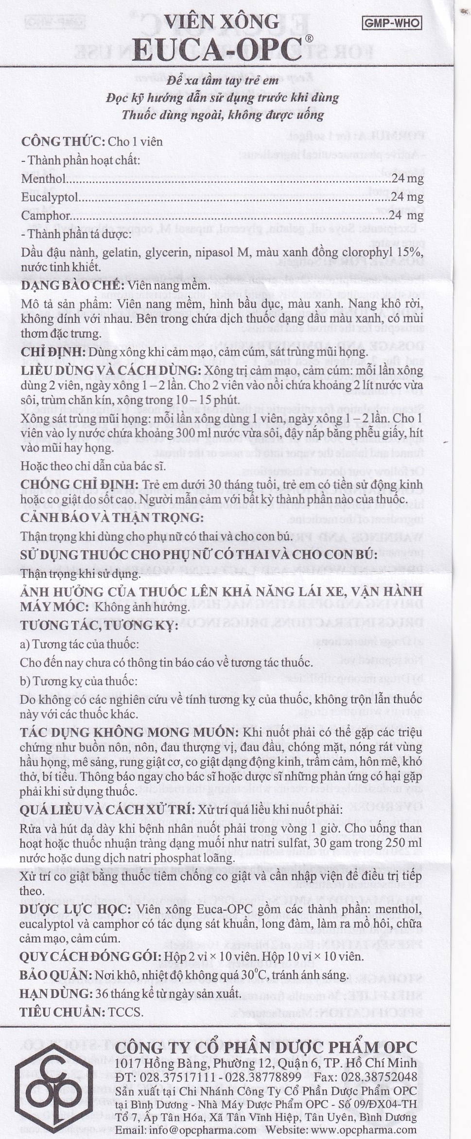 Hình ảnh Viên xông Euca-OPC điều trị cảm mạo, cảm cúm, sát trùng mũi họng (2 vỉ x 10 viên)