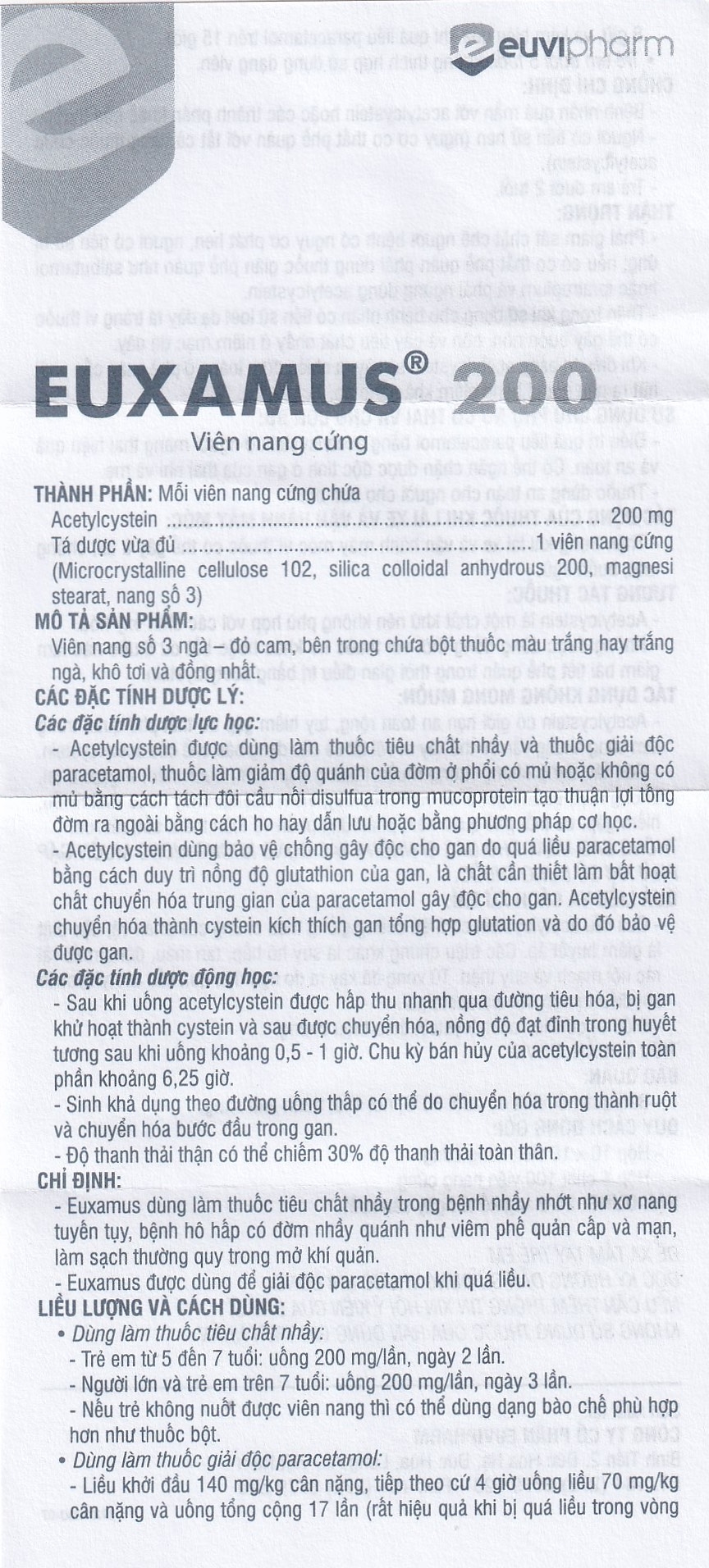 Hình ảnh Thuốc Euxamus 200mg Euvipharm tiêu chất nhầy trong bệnh nhầy nhớt (10 vỉ x 10 viên)