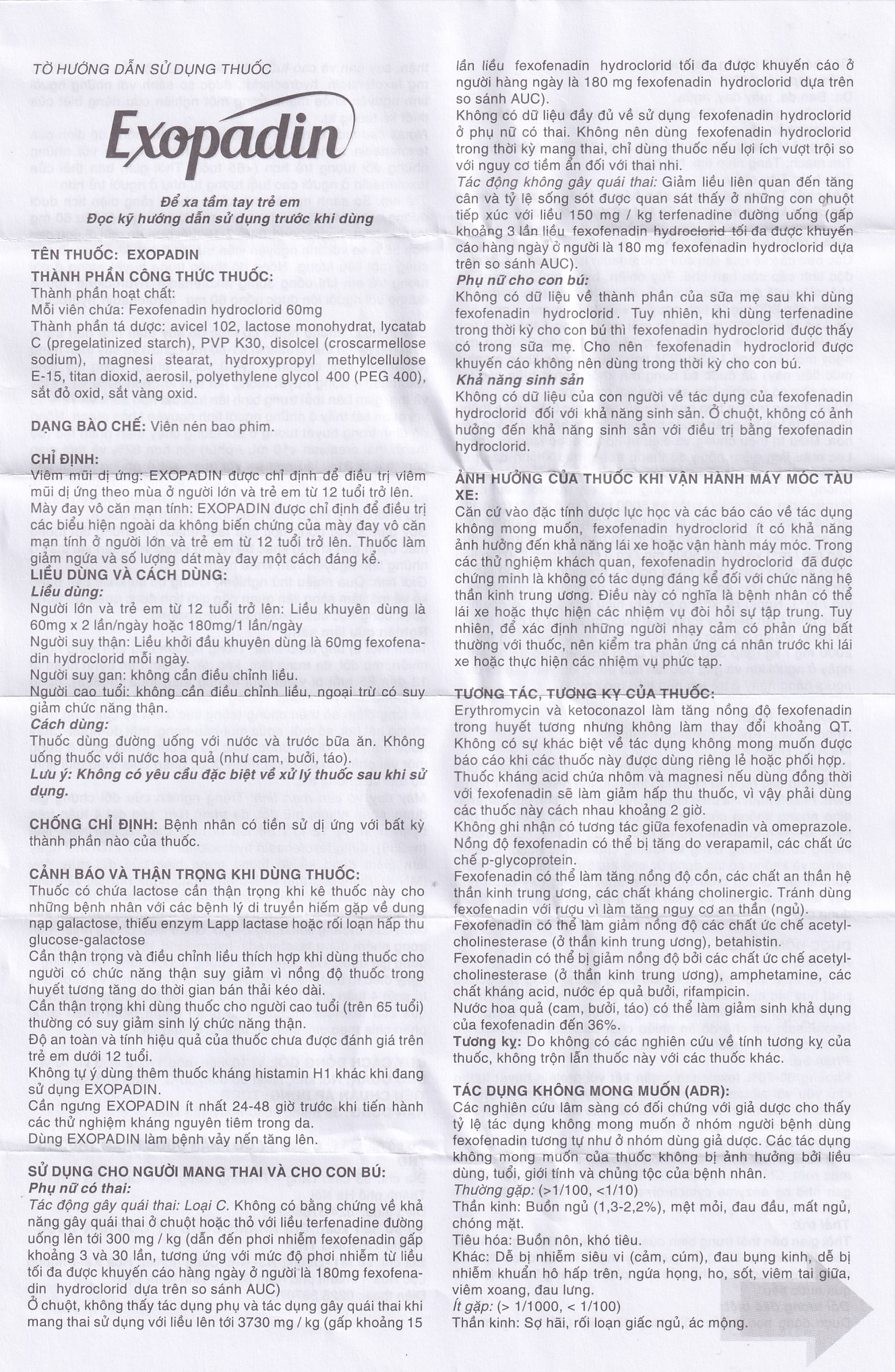 Hình ảnh Thuốc Exopadin 60mg Trường Thọ điều trị viêm mũi dị ứng, mày đay (3 vỉ x 10 viên) 