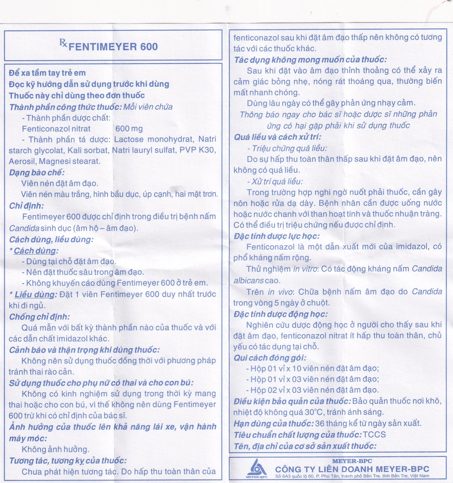 Hình ảnh Viên đặt âm đạo Fentimeyer 600 Meyer-BPC điều trị bệnh nấm Candida sinh dục (1 vỉ x 3 viên)