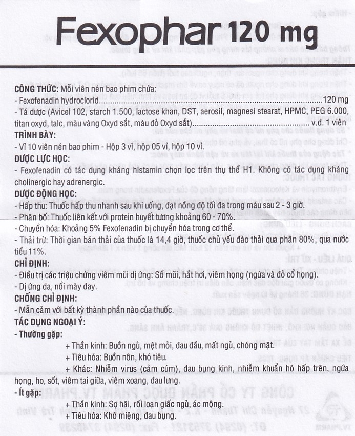 Hình ảnh Thuốc Fexophar 120mg TV.Pharm điều trị triệu chứng viêm mũi dị ứng, sổ mũi, hắt hơi, dị ứng da (5 vỉ x 10 viên)