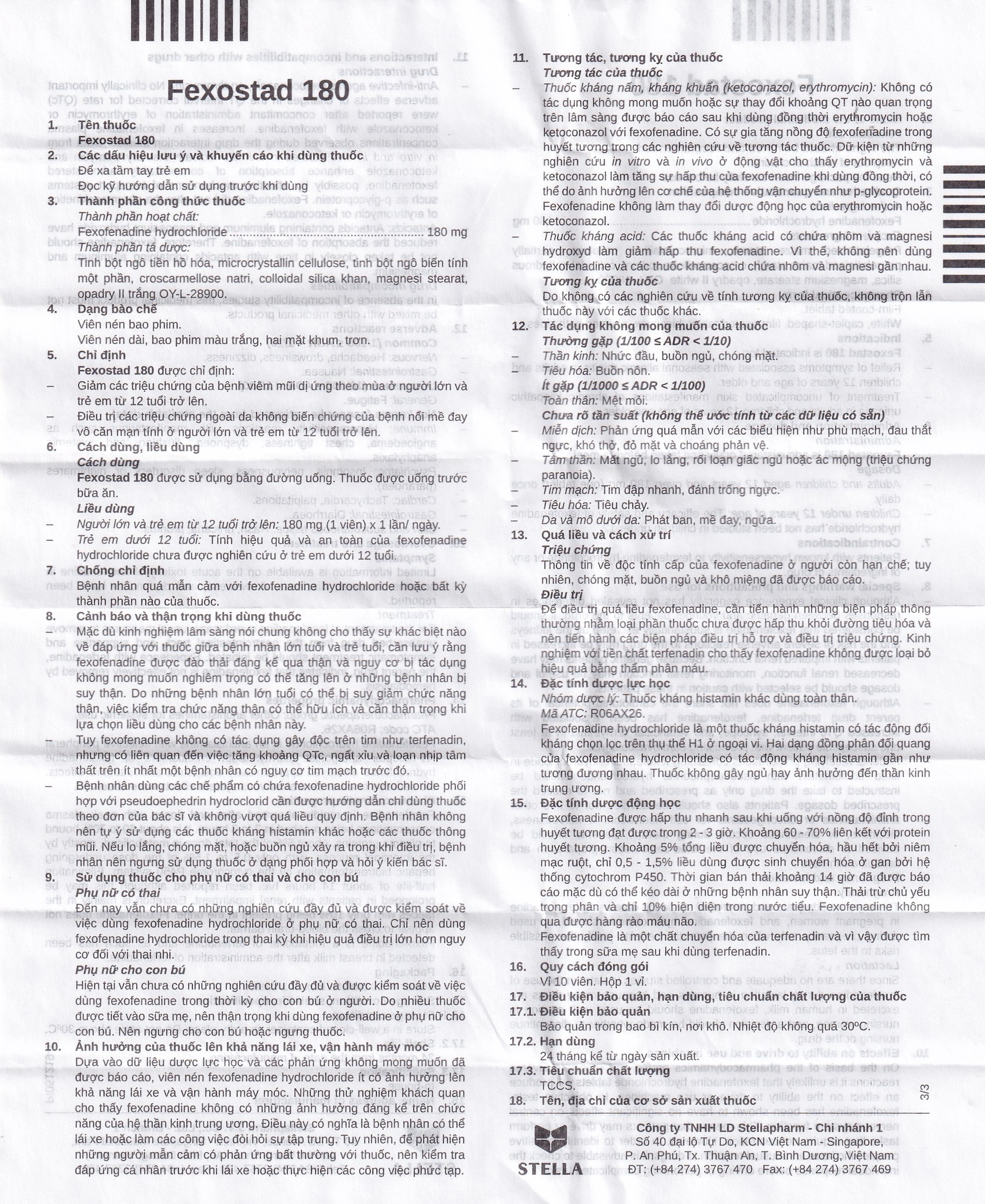 Hình ảnh Thuốc Fexostad 180 Stella điều trị viêm mũi dị ứng theo mùa, mày đay vô căn mạn tính (10 viên)