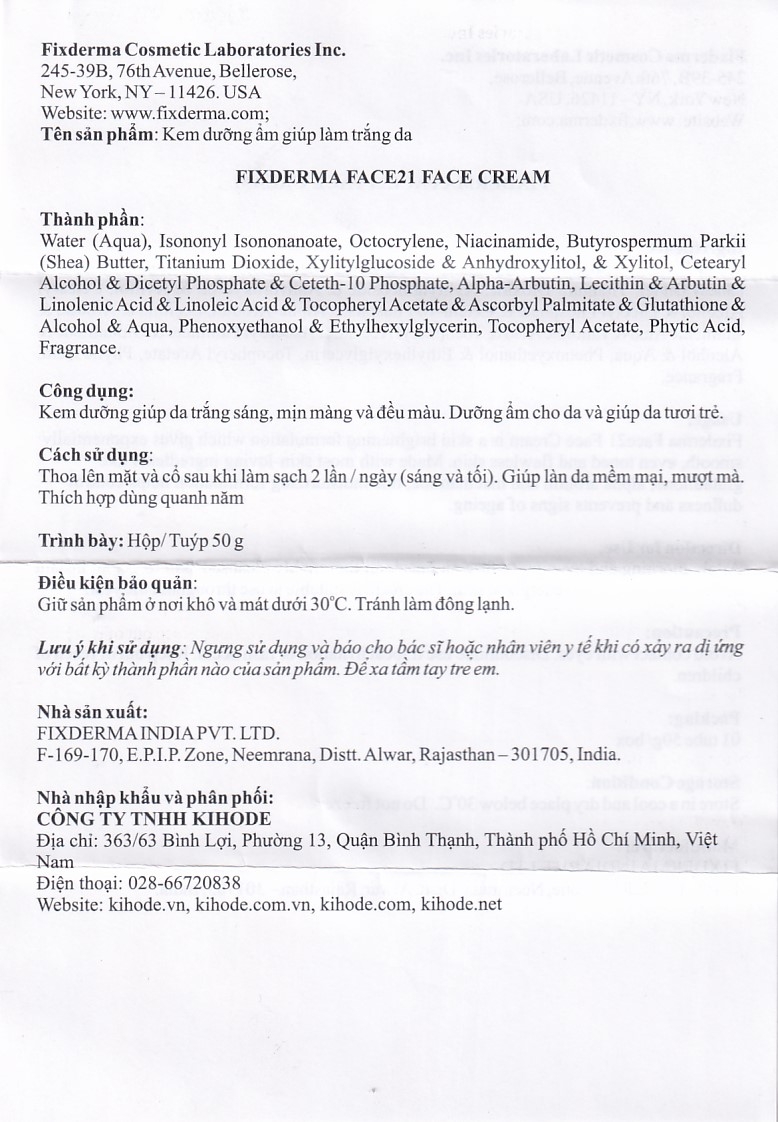 Hình ảnh Kem dưỡng ẩm sáng da Fixderma Face21 Face Cream giúp da trắng sáng, mịn màng (50g)