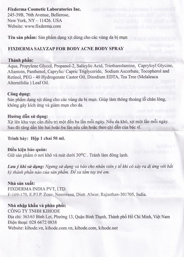 Hình ảnh Xịt trị mụn Fixderma Salyzap for Body Acne Body Spray làm thông thoáng lỗ chân lông (50ml)