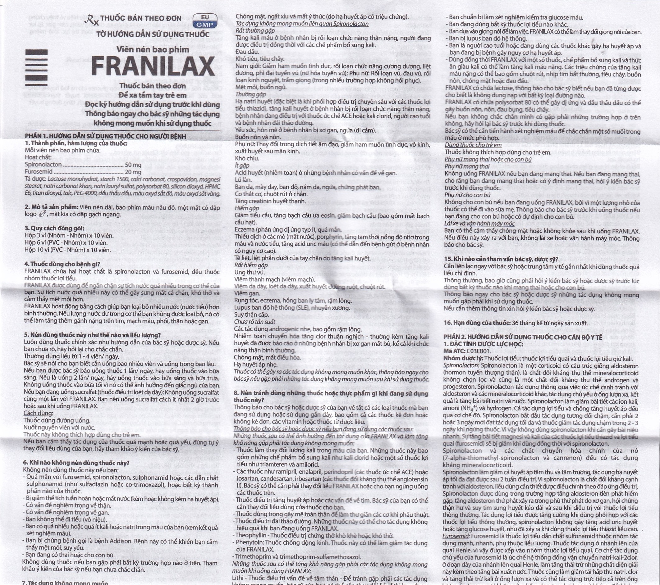 Hình ảnh Thuốc Franilax 50mg/20mg Davipharm ngăn chặn sự tích tụ nước trong cơ thể (3 vỉ x 10 viên)