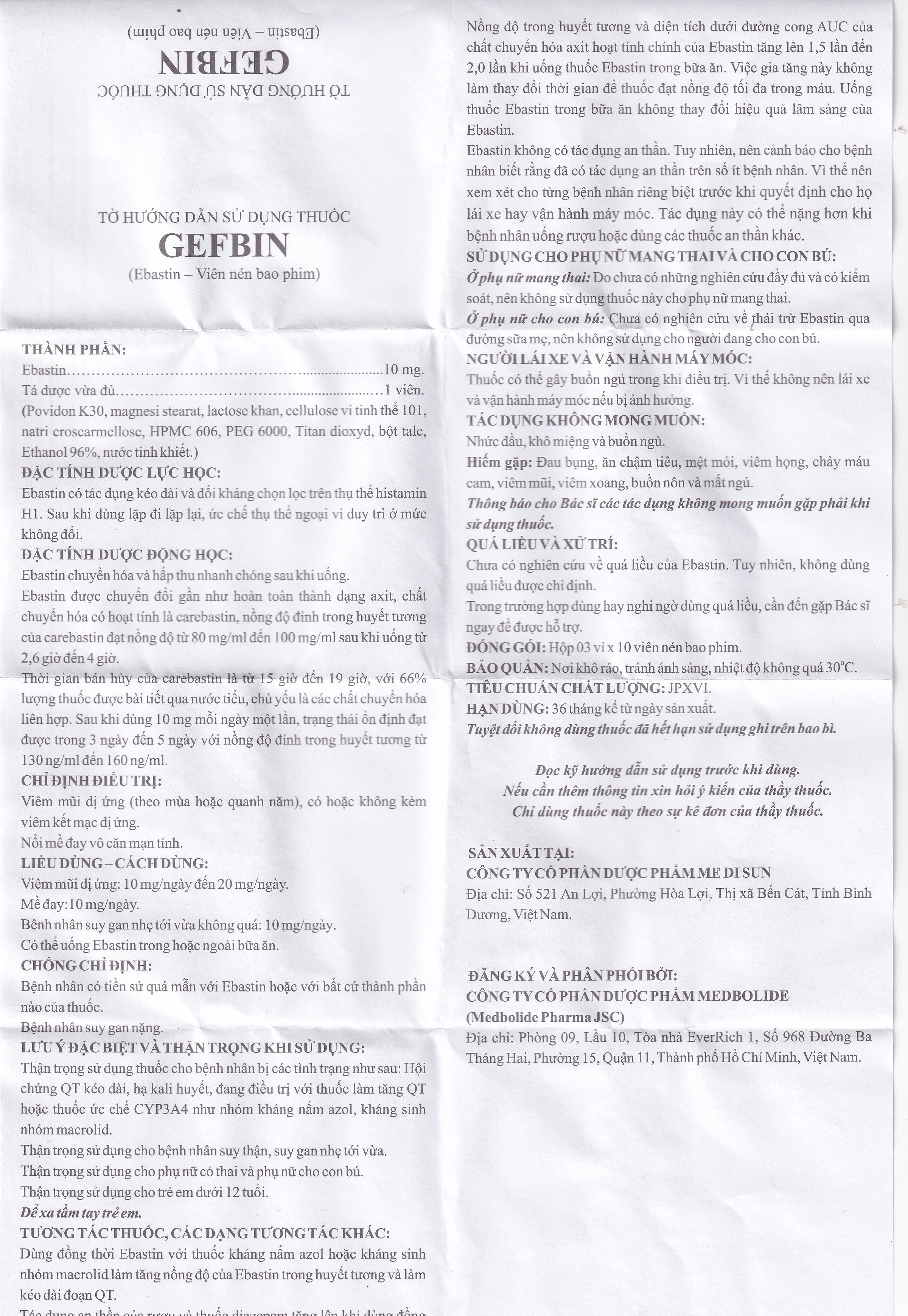 Hình ảnh Thuốc Gefbin Medisun điều trị viêm mũi dị ứng, mề đay vô căn mạn tính (3 vỉ x 10 viên)