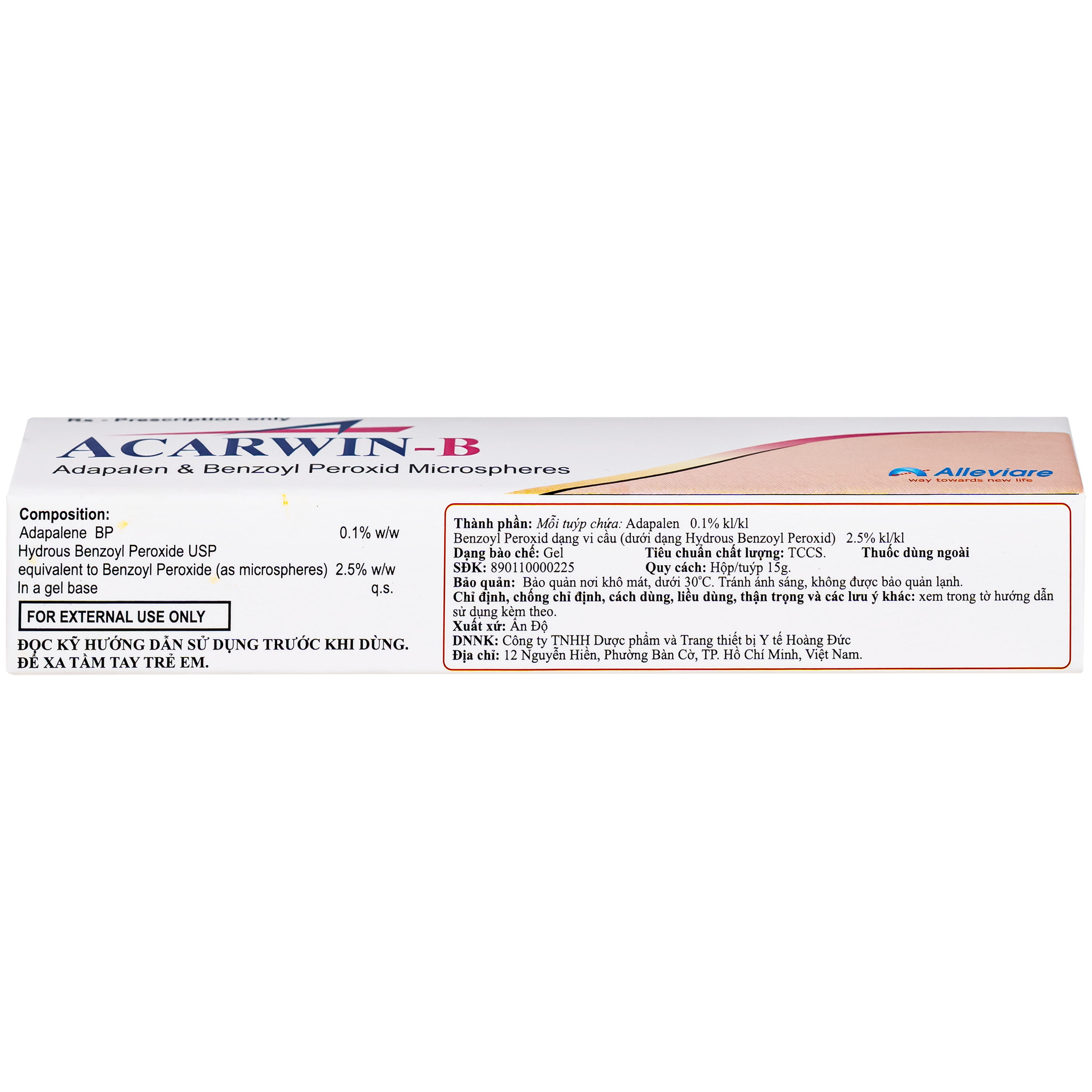 Hình ảnh Gel Acarwin-B 0.1%/2.5% Alleviare điều trị mụn trứng cá (15g)