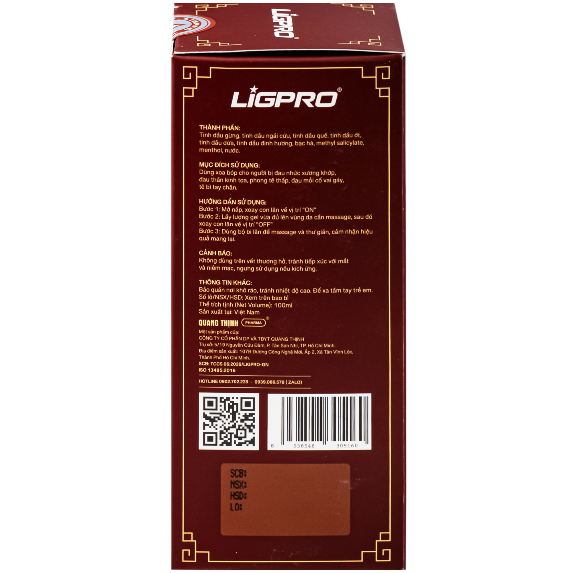Hình ảnh Gel nóng con lăn massage Gừng - Ngải - Quế Ligpro giúp làm ấm, giảm đau nhức, thư giãn cơ bắp (100ml)