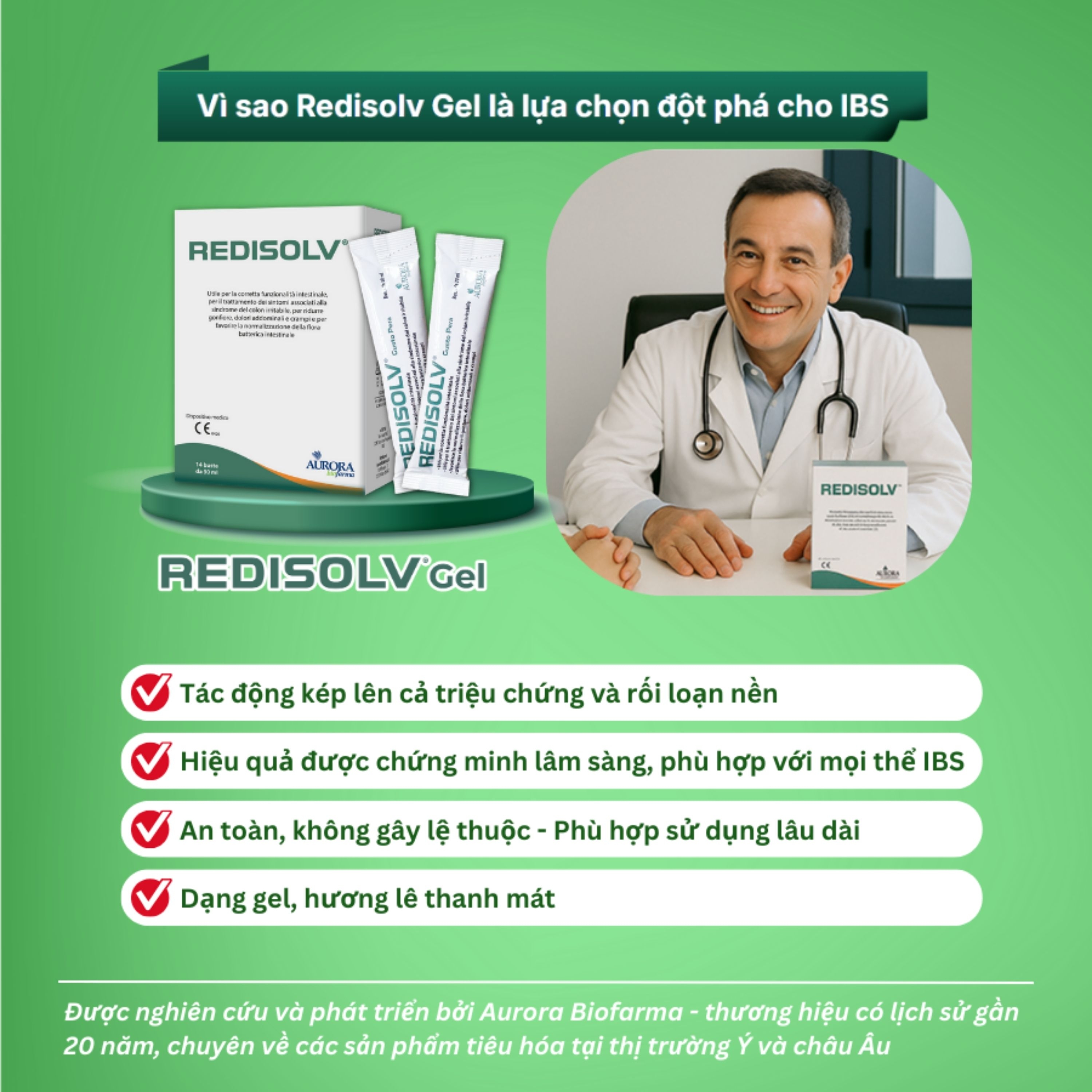 Hình ảnh Gel Redisolv Aurora điều trị hội chứng ruột kích thích (IBS) (14 gói) giảm ngay triệu chứng tiêu chảy, đầy hơi, chướng bụng, rối loạn phân