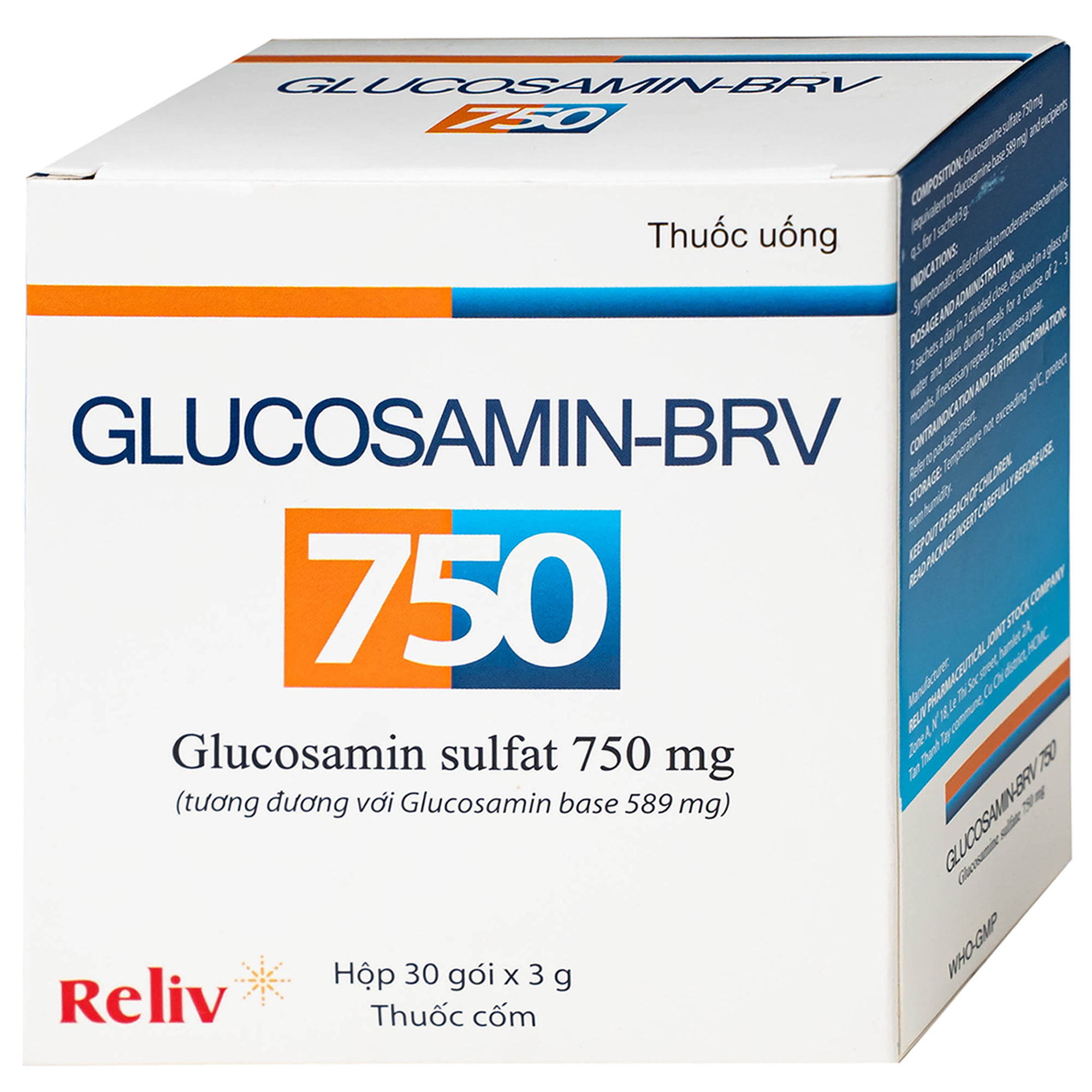 Hình ảnh Thuốc Glucosamin-BRV 750mg Reliv giảm triệu chứng của thoái hóa khớp gối nhẹ và trung bình (30 gói x 3g)