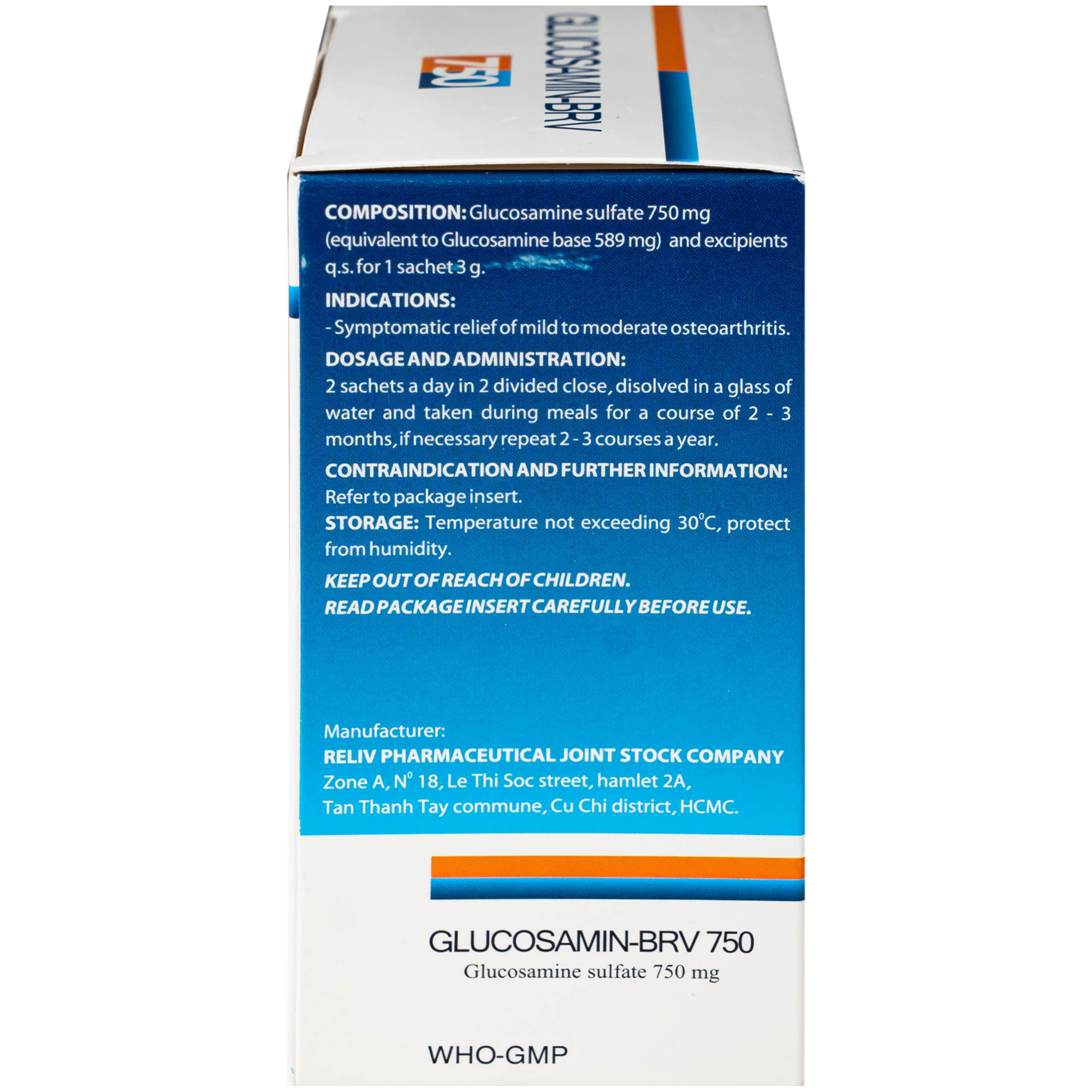 Hình ảnh Thuốc Glucosamin-BRV 750mg Reliv giảm triệu chứng của thoái hóa khớp gối nhẹ và trung bình (30 gói x 3g)