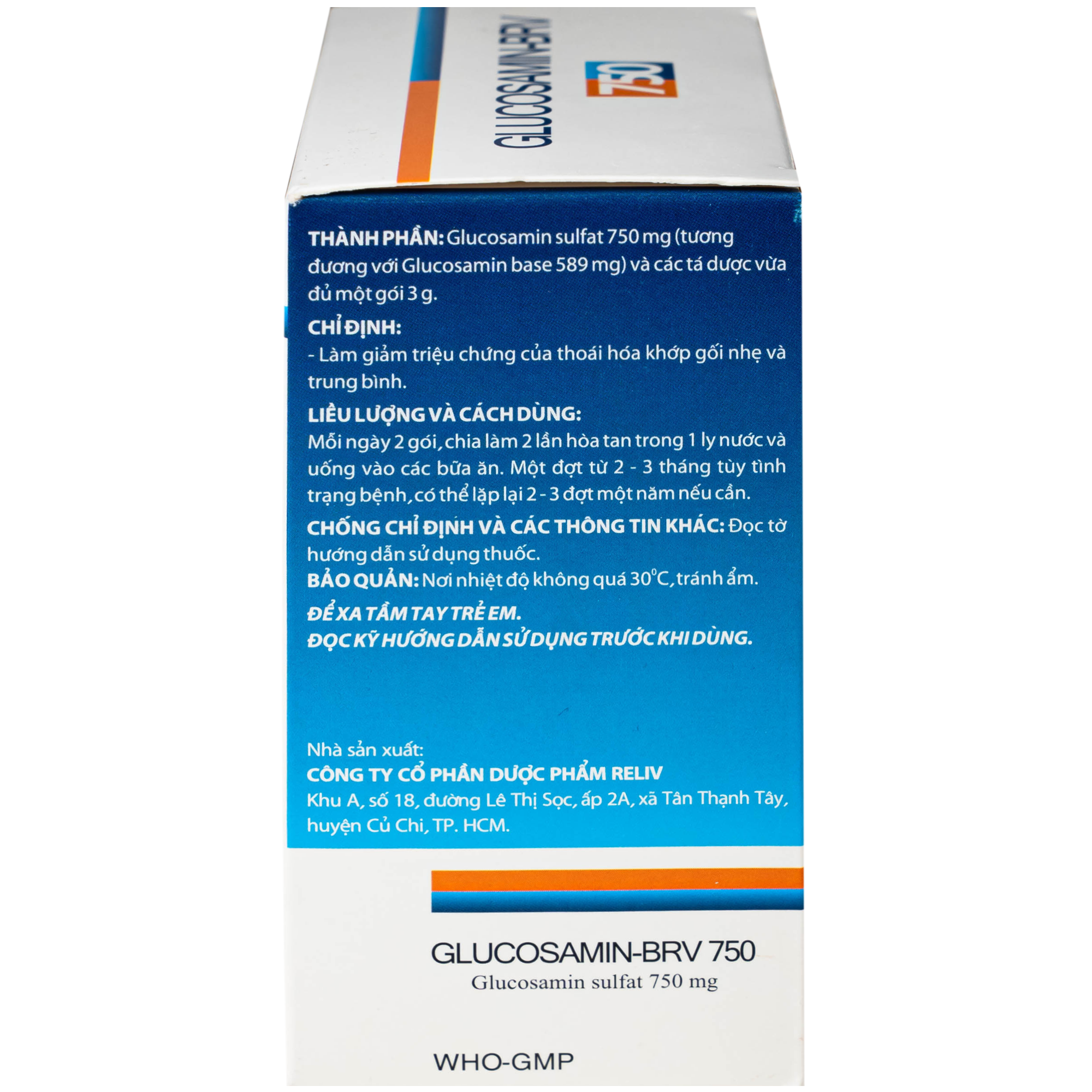 Hình ảnh Thuốc Glucosamin-BRV 750mg Reliv giảm triệu chứng của thoái hóa khớp gối nhẹ và trung bình (30 gói x 3g)