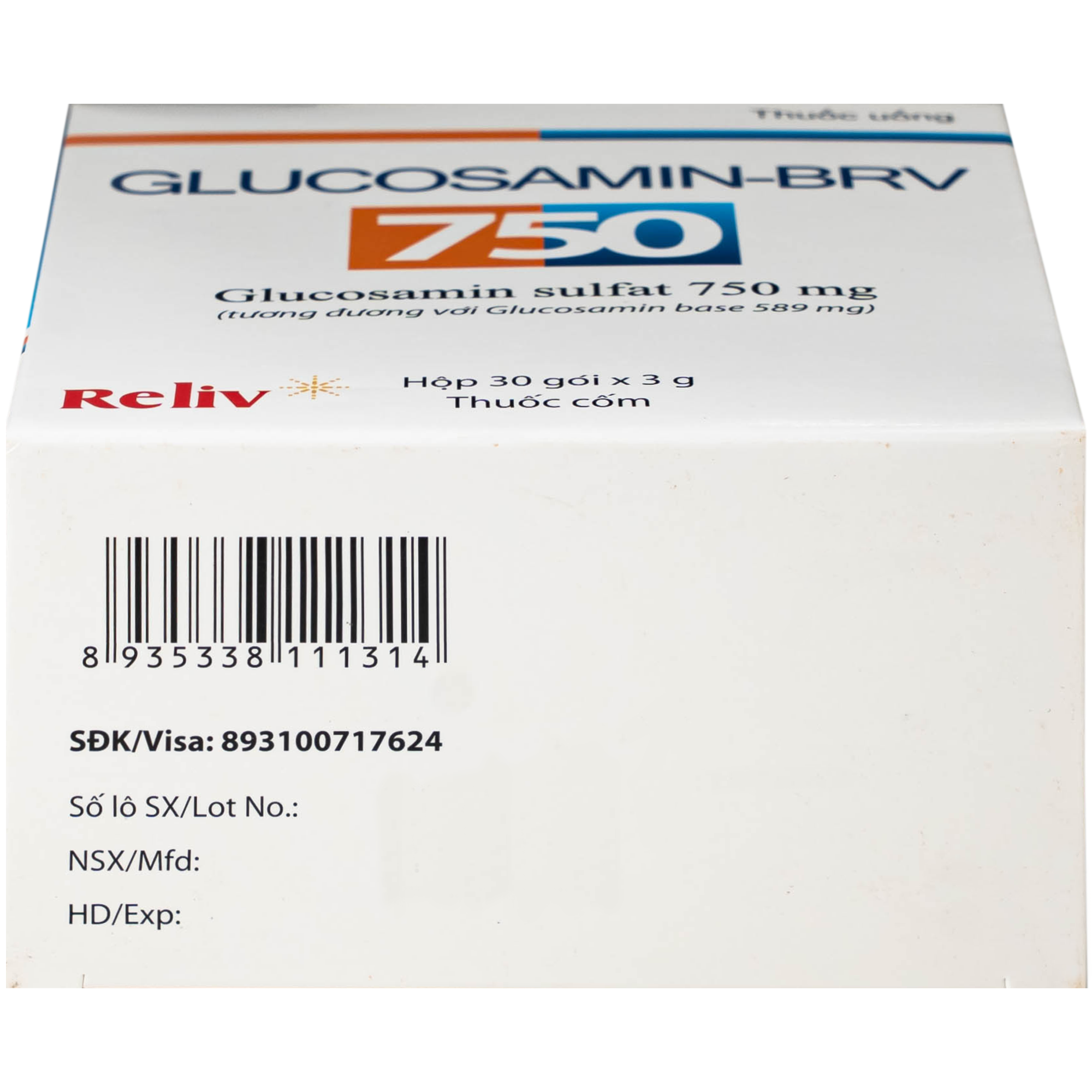 Hình ảnh Thuốc Glucosamin-BRV 750mg Reliv giảm triệu chứng của thoái hóa khớp gối nhẹ và trung bình (30 gói x 3g)