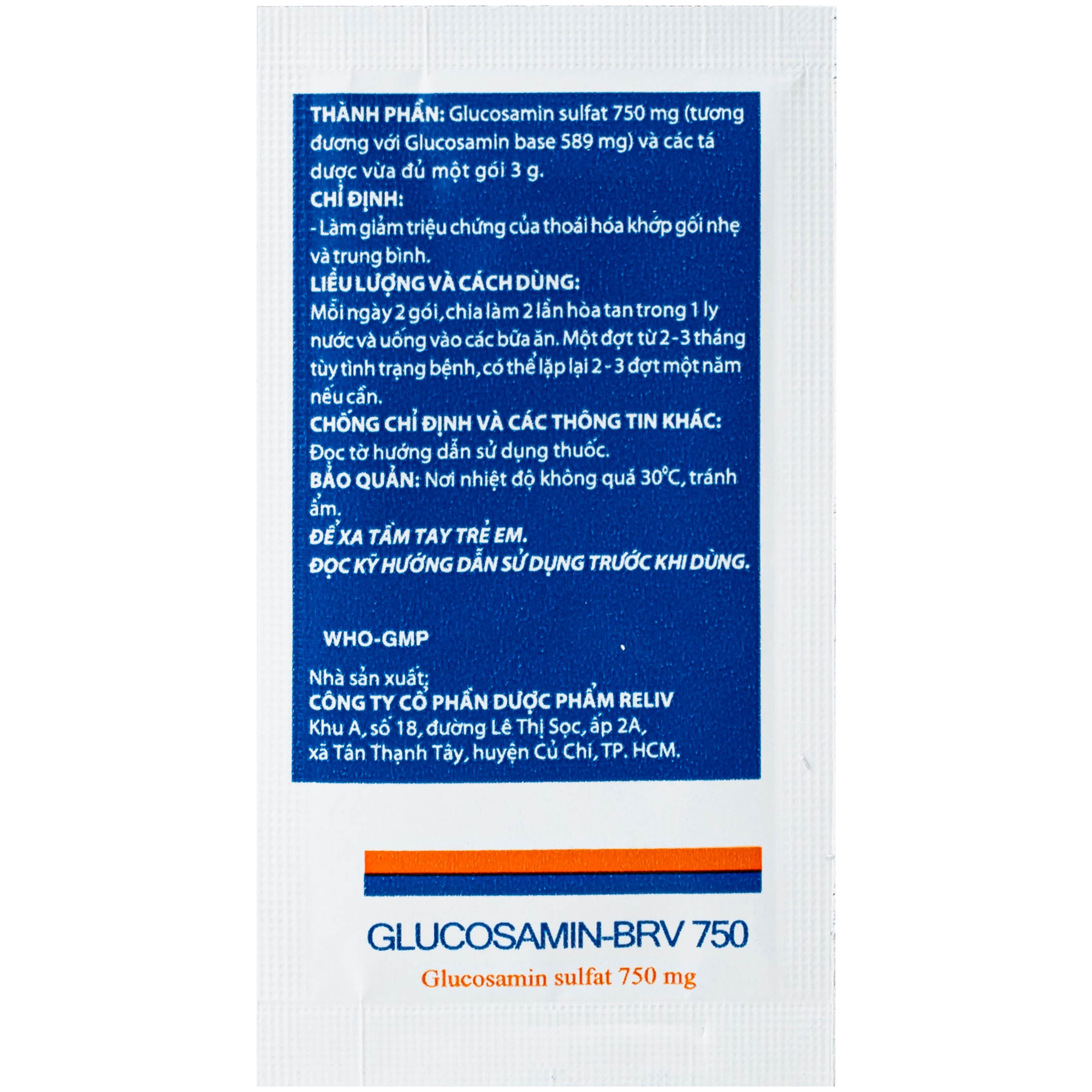 Hình ảnh Thuốc Glucosamin-BRV 750mg Reliv giảm triệu chứng của thoái hóa khớp gối nhẹ và trung bình (30 gói x 3g)