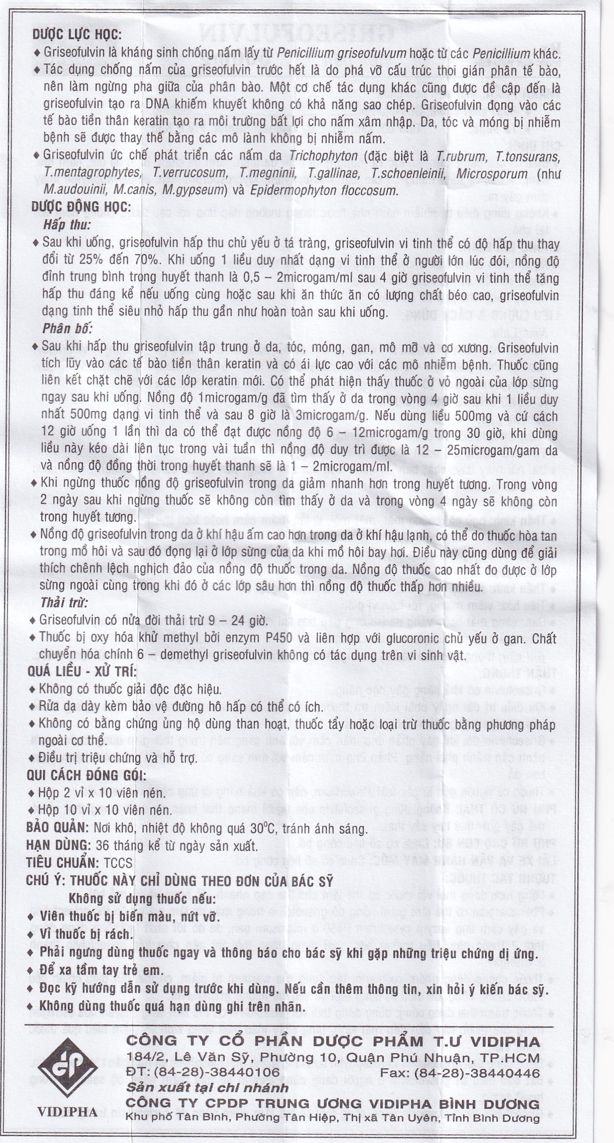Hình ảnh Thuốc Griseofulvin 500mg Vidipha điều trị các bệnh nấm da, tóc, lông, móng tay, móng chân (2 vỉ x 10 viên)