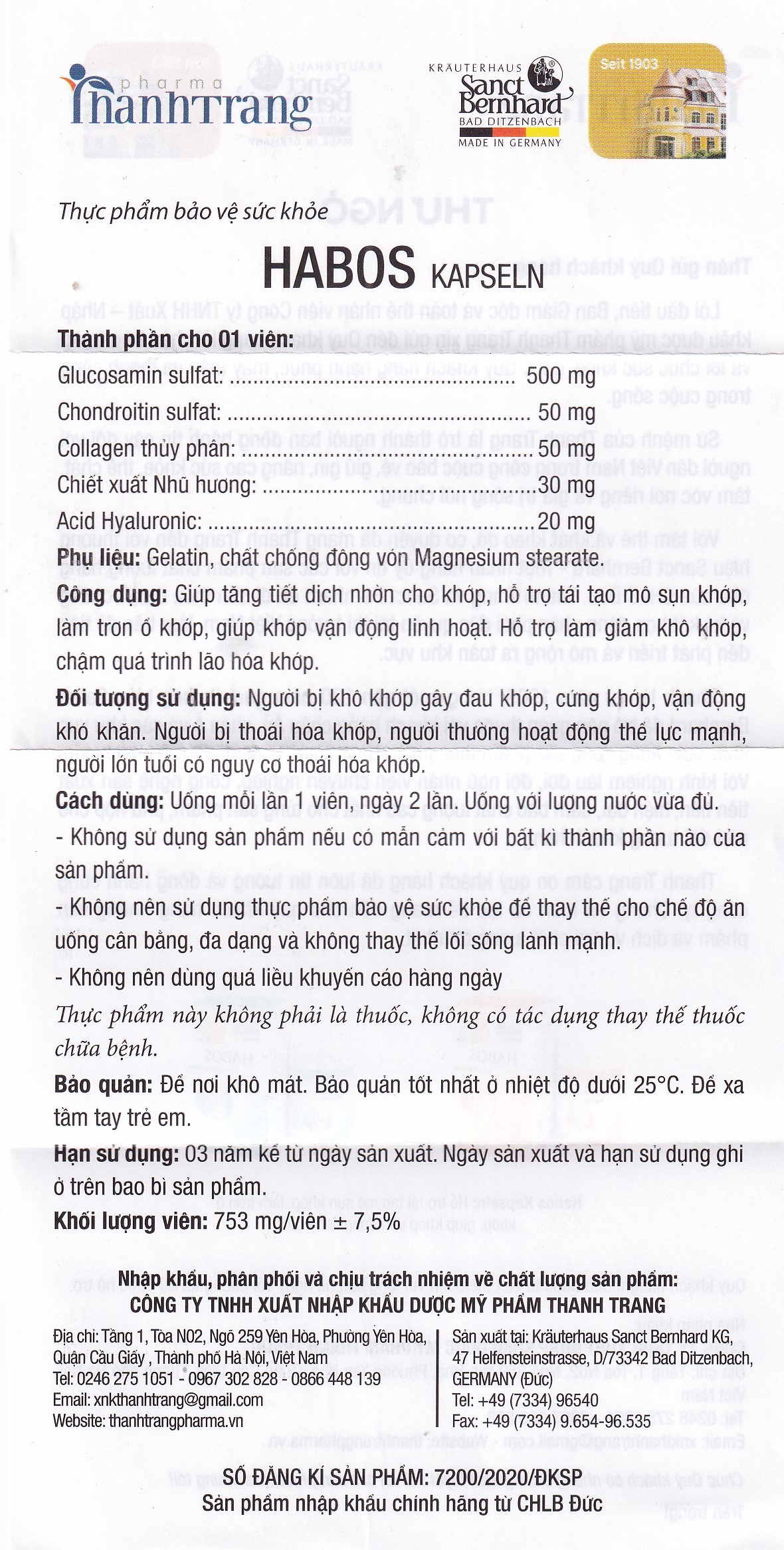 Hình ảnh Viên uống Habos Kapseln Sanct Bernhard tăng tiết dịch nhờn cho khớp, hỗ trợ tái tạo mô sụn khớp (60 viên)