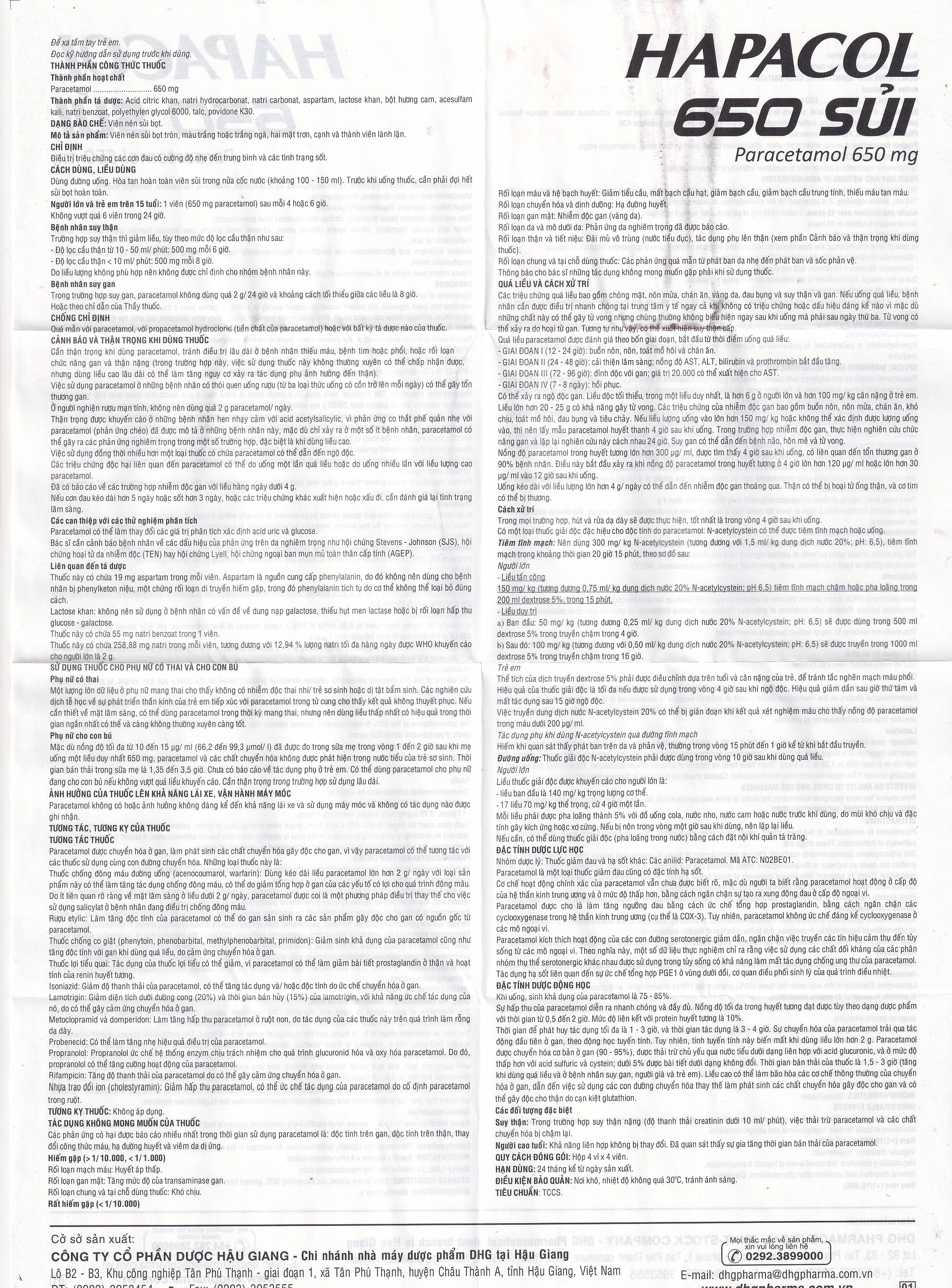 Hình ảnh Viên sủi Hapacol 650 DHG điều trị các cơn đau có cường độ nhẹ đến trung bình và sốt (4 vỉ x 4 viên)