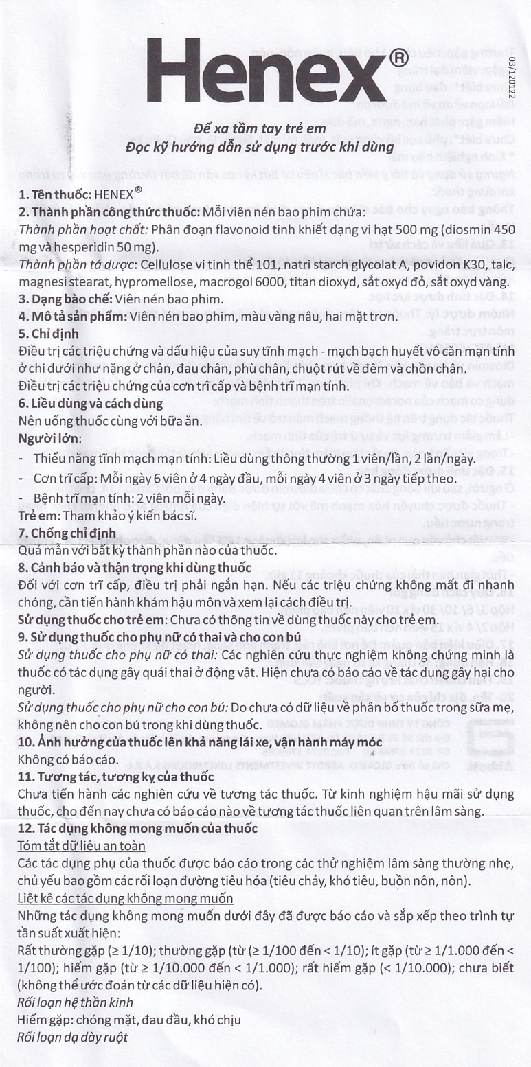 Hình ảnh Thuốc Henex 500mg Abbott điều trị suy tĩnh mạch - mạch bạch huyết, cơn trĩ cấp (10 vỉ x 10 viên)
