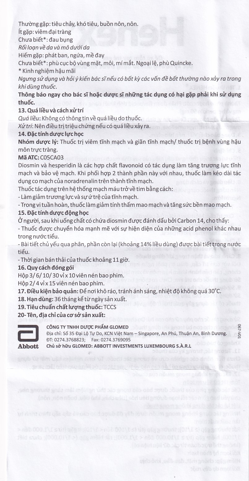 Hình ảnh Thuốc Henex 500mg Abbott điều trị suy tĩnh mạch - mạch bạch huyết, cơn trĩ cấp (10 vỉ x 10 viên)