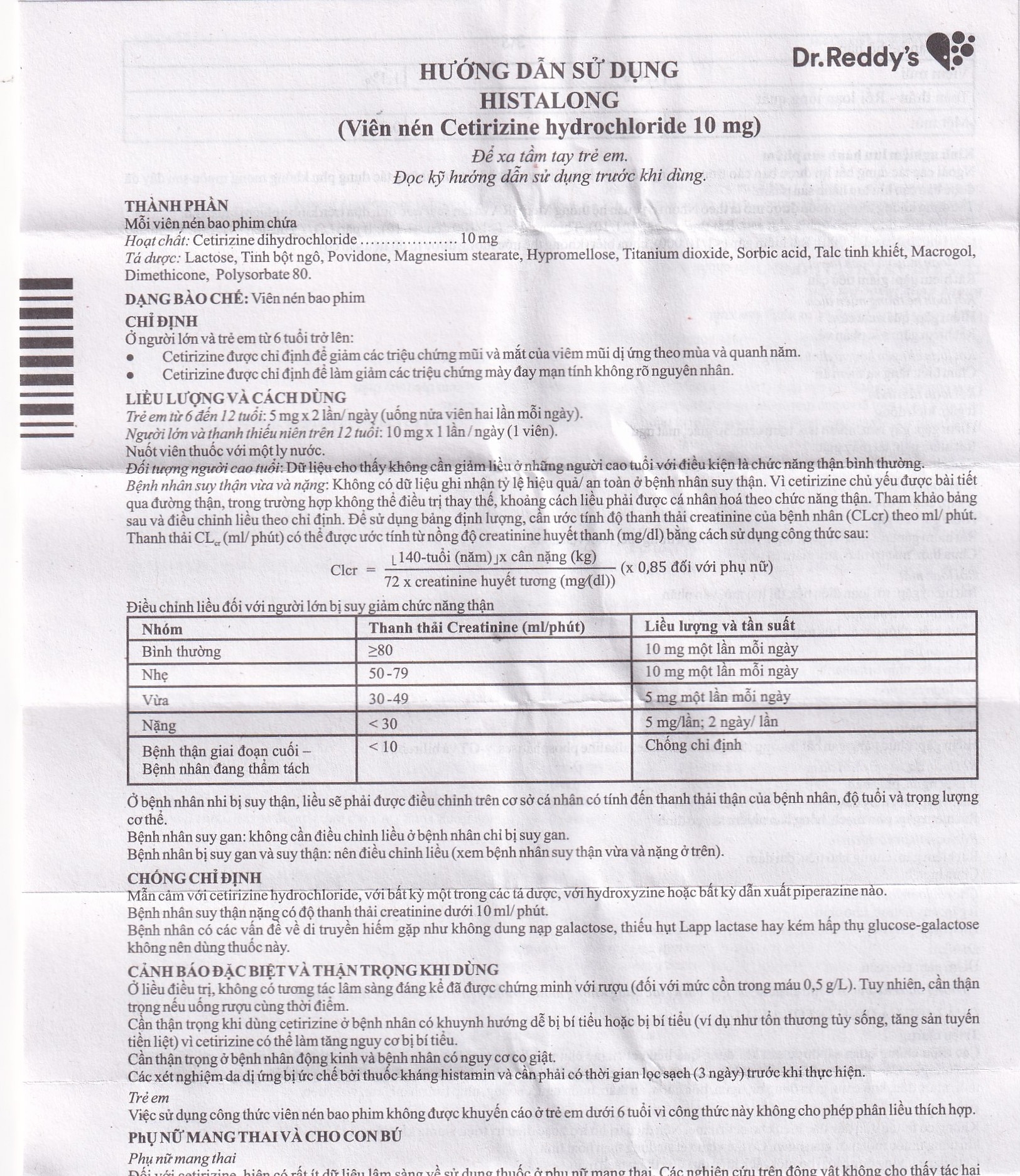 Hình ảnh Thuốc Histalong 10mg Dr. Reddy điều trị viêm mũi theo mùa và viêm màng kết (2 vỉ x 10 viên)