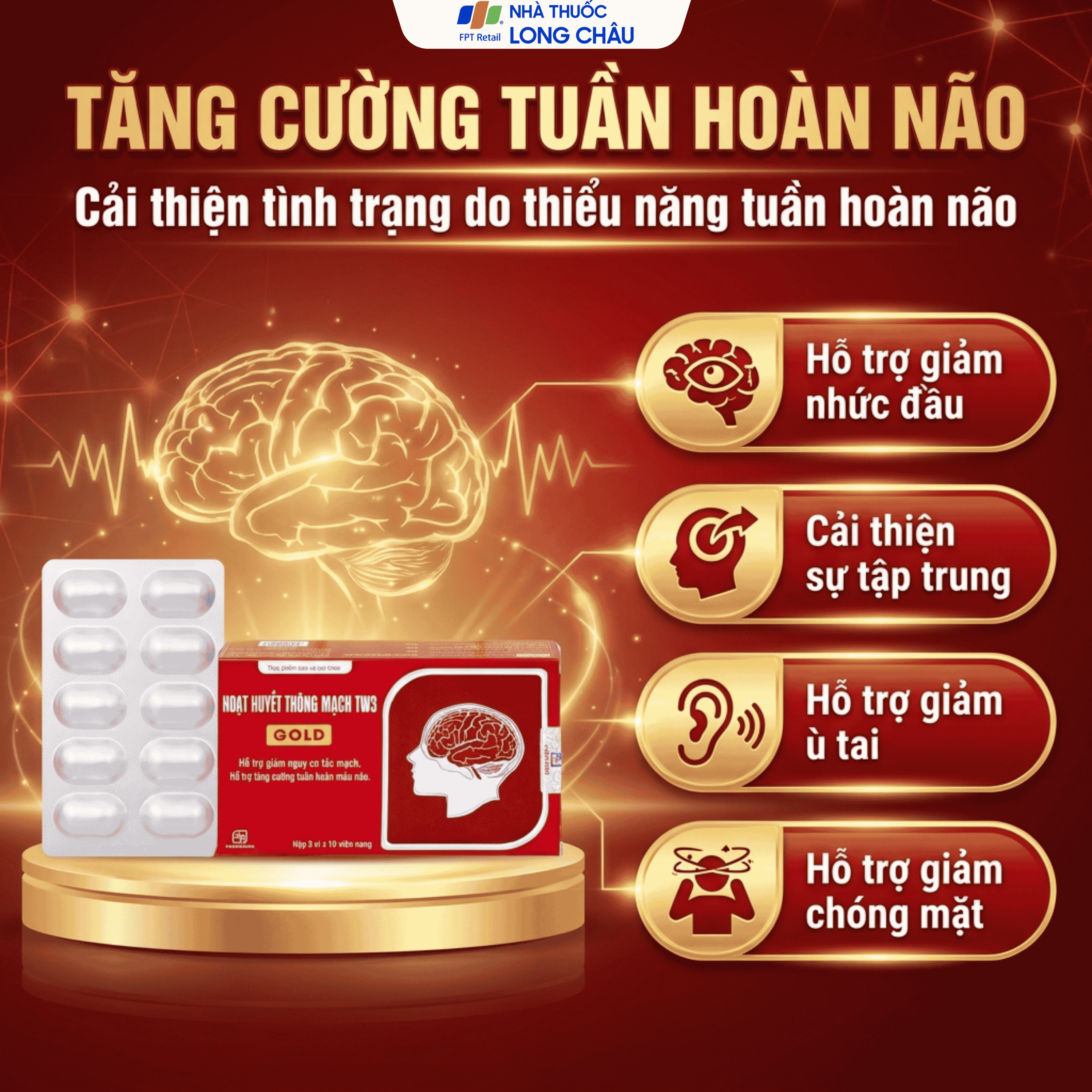Hình ảnh Viên uống hỗ trợ giảm nguy cơ tắc mạch, tăng tuần hoàn não Hoạt Huyết Thông Mạch Gold TW3 Foripharm (3 vỉ x 10 viên)