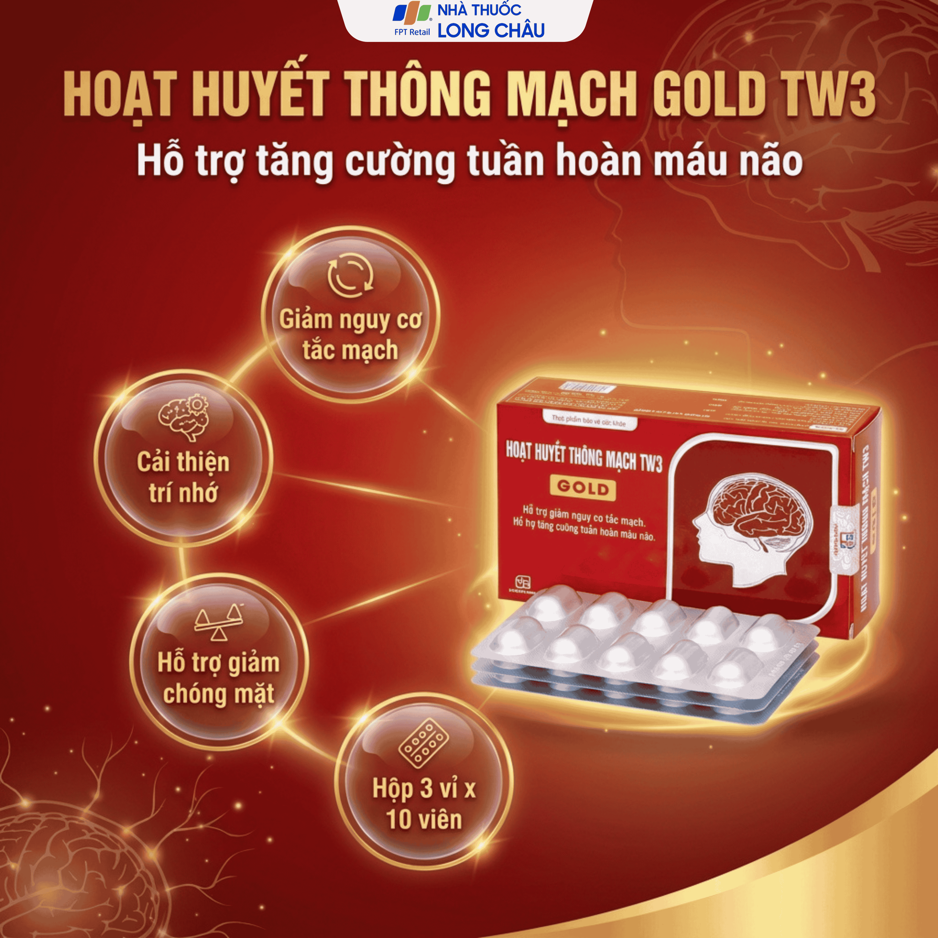 Hình ảnh Viên uống hỗ trợ giảm nguy cơ tắc mạch, tăng tuần hoàn não Hoạt Huyết Thông Mạch Gold TW3 Foripharm (3 vỉ x 10 viên)