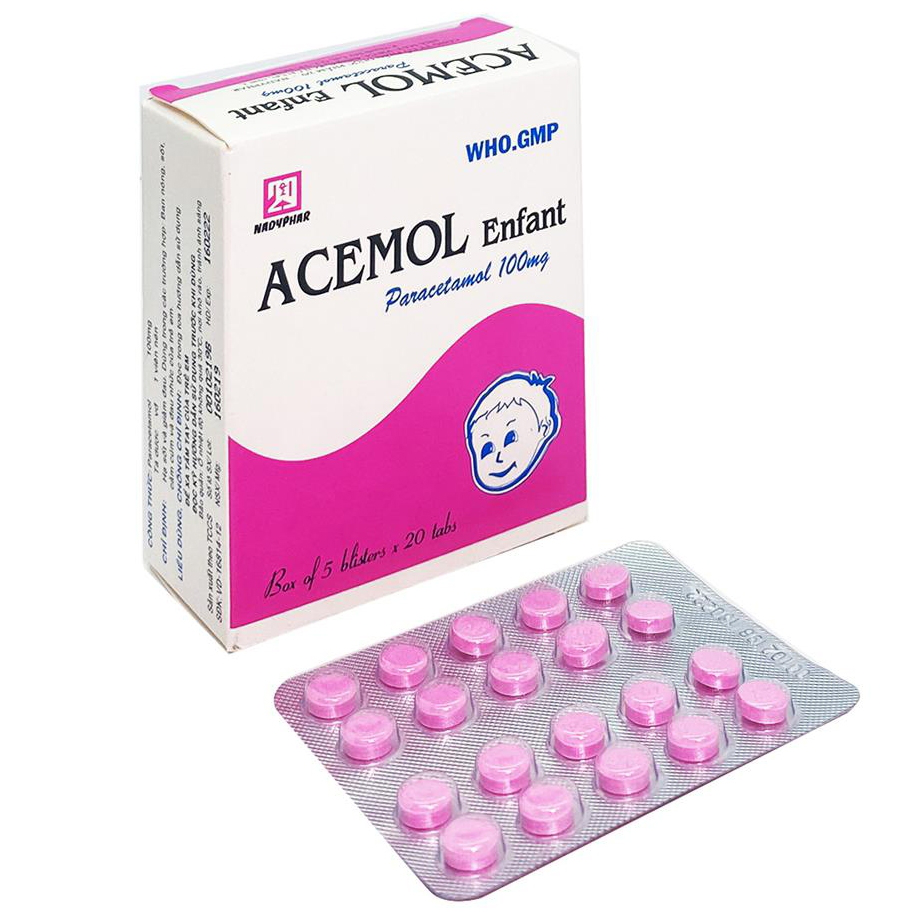 Thuốc Acemol Enfant 100mg Nadyphar giảm đau nhức, khó chịu, sốt (5 vỉ x 20 viên)