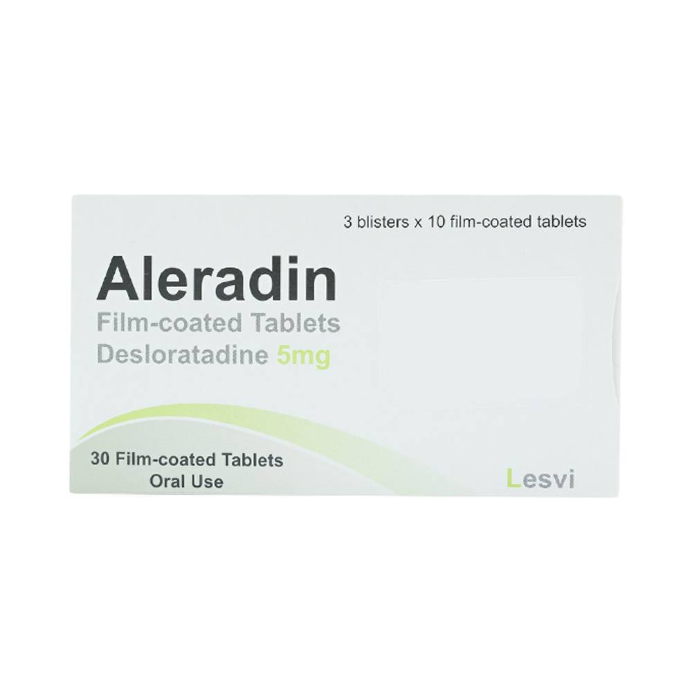 Thuốc Aleradin 5mg giảm các triệu chứng viêm mũi dị ứng theo mùa, mày đay (3 vỉ x 10 viên)