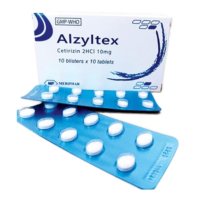 Thuốc Alzyltex 10mg Mebiphar điều trị viêm mũi dị ứng, mày đay mạn tính vô căn (10 vỉ x 10 viên)