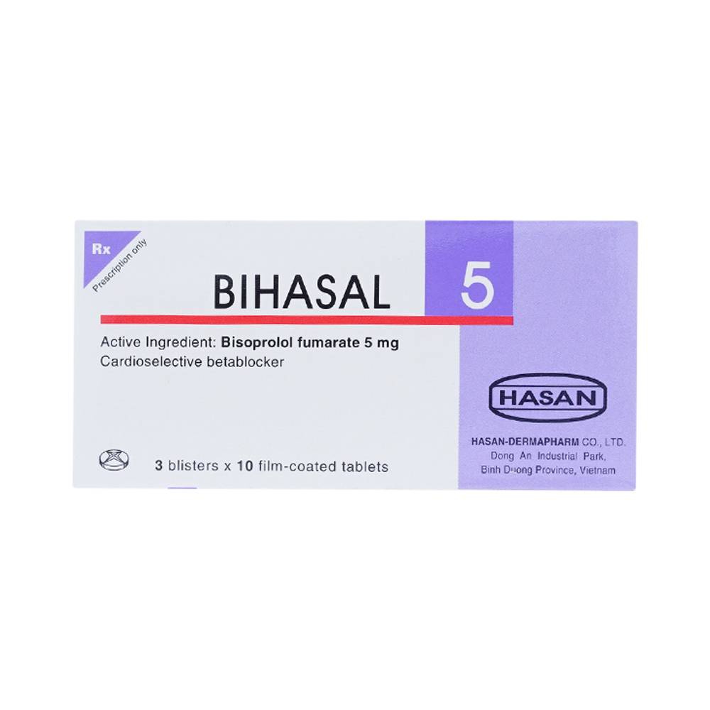 Thuốc Bihasal 5mg Hasan điều trị tăng huyết áp, đau thắt ngực, suy tim mạn tính ổn định (3 vỉ x 10 viên)