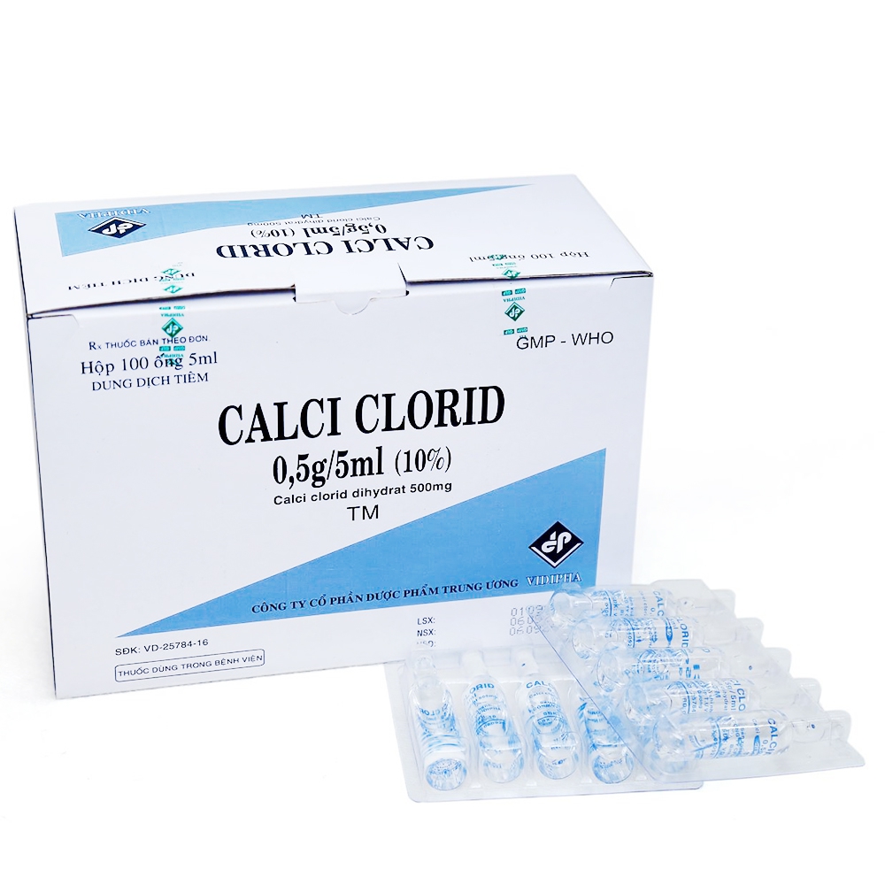 Dung dịch tiêm Calci Clorid Vidipha điều trị co giật, co thắt thanh quản do hạ Calci huyết (100 ống x 5ml)