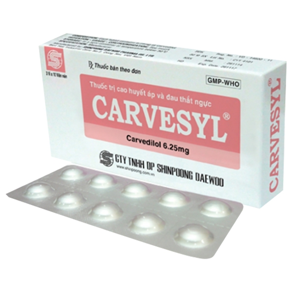 Thuốc Carvesyl 6.25mg Shinpoong Deawoo điều trị cao huyết áp, đau thắt ngực (3 vỉ x 10 viên)