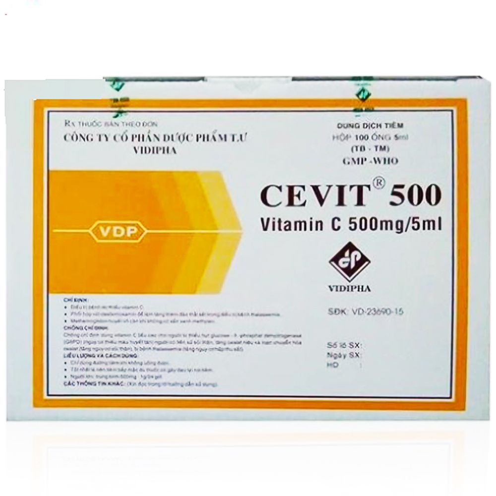 Dung dịch tiêm Cevit 500 Vidipha điều trị bệnh do thiếu Vitamin C (100 ống)