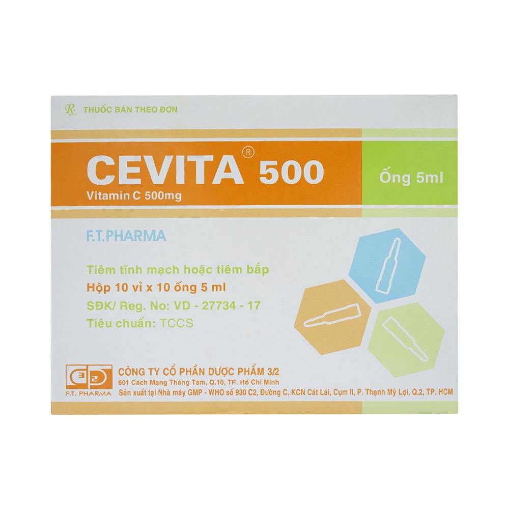 Thuốc tiêm Cevita 500 F.T Pharma điều trị thiếu Vitamin C (10 vỉ x 10 ống x 5ml)