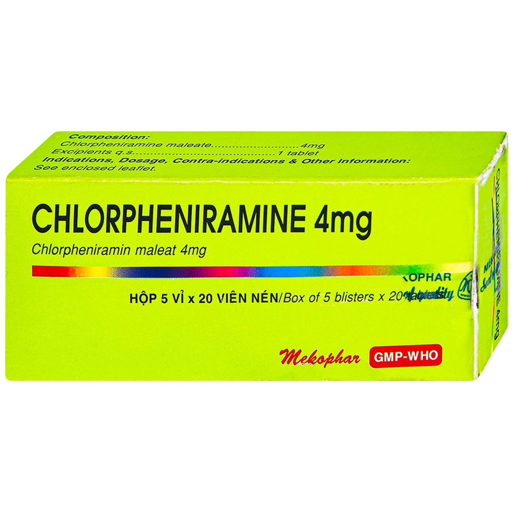 Thuốc Chlorpheniramine 4mg Mekophar điều trị viêm mũi dị ứng mùa và quanh năm (5 vỉ x 20 viên)